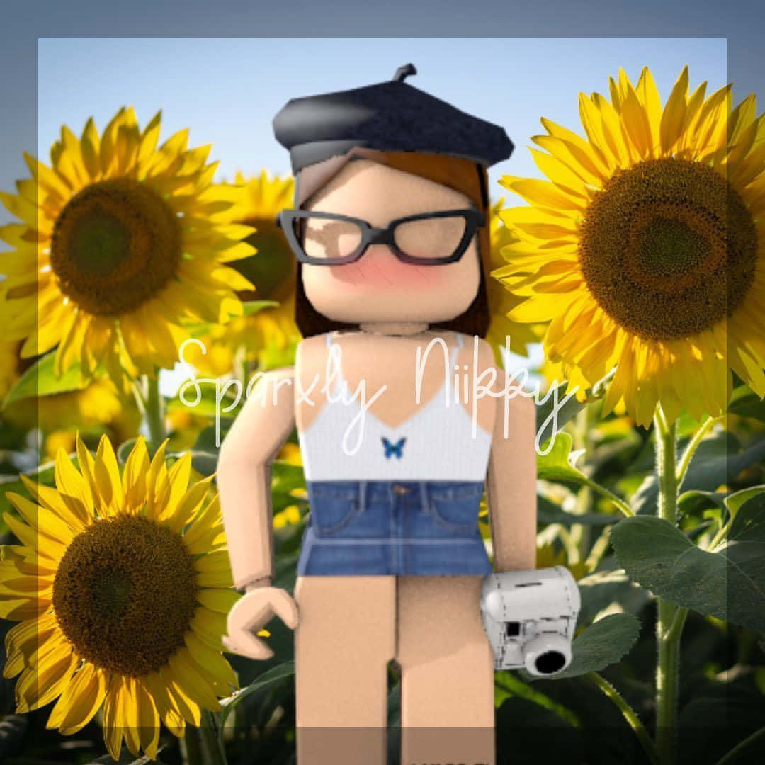 Cute Roblox 桌布 壁紙 — 一個戴眼鏡和貝雷帽的Roblox風格虛擬角色，站在巨型向日葵中，在明亮的藍天下手持相機。