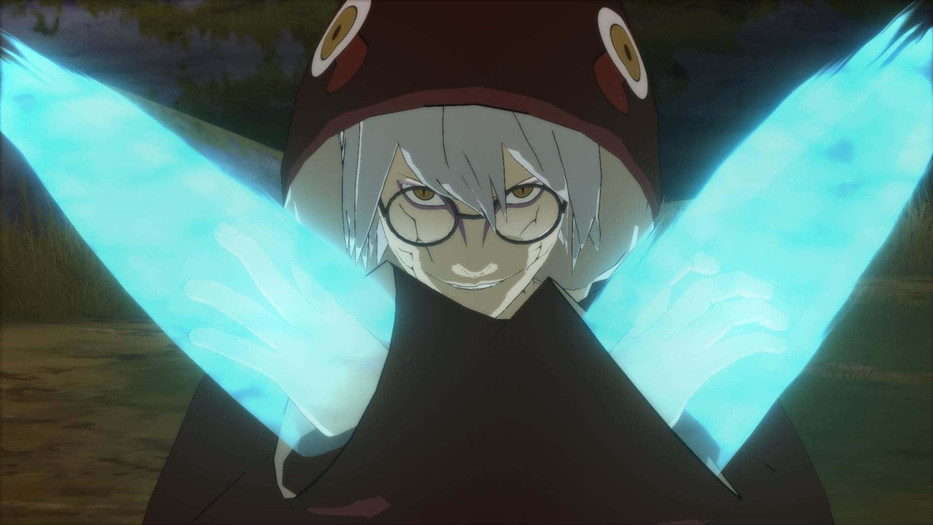 Kabuto Yakushi 桌布 壁紙 — 一個戴眼鏡和連帽衫的微笑動漫角色，在黑暗的戶外環境中揮舞著發光的藍色能量刀片。
