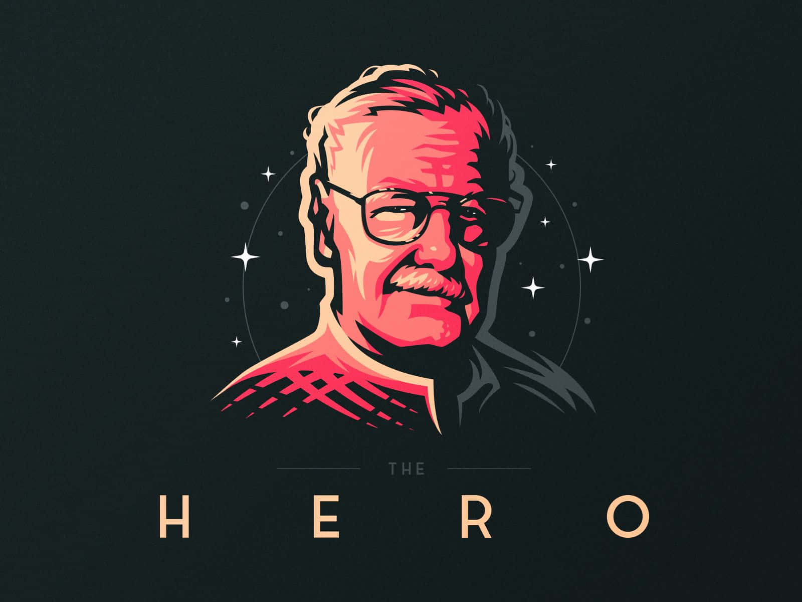 Stan Lee Tribute 桌布 壁紙 — 一個戴眼鏡和鬍子的微笑老年男子的風格化插圖，在黑暗星空背景中發出紅色光芒，下方有HERO字樣。