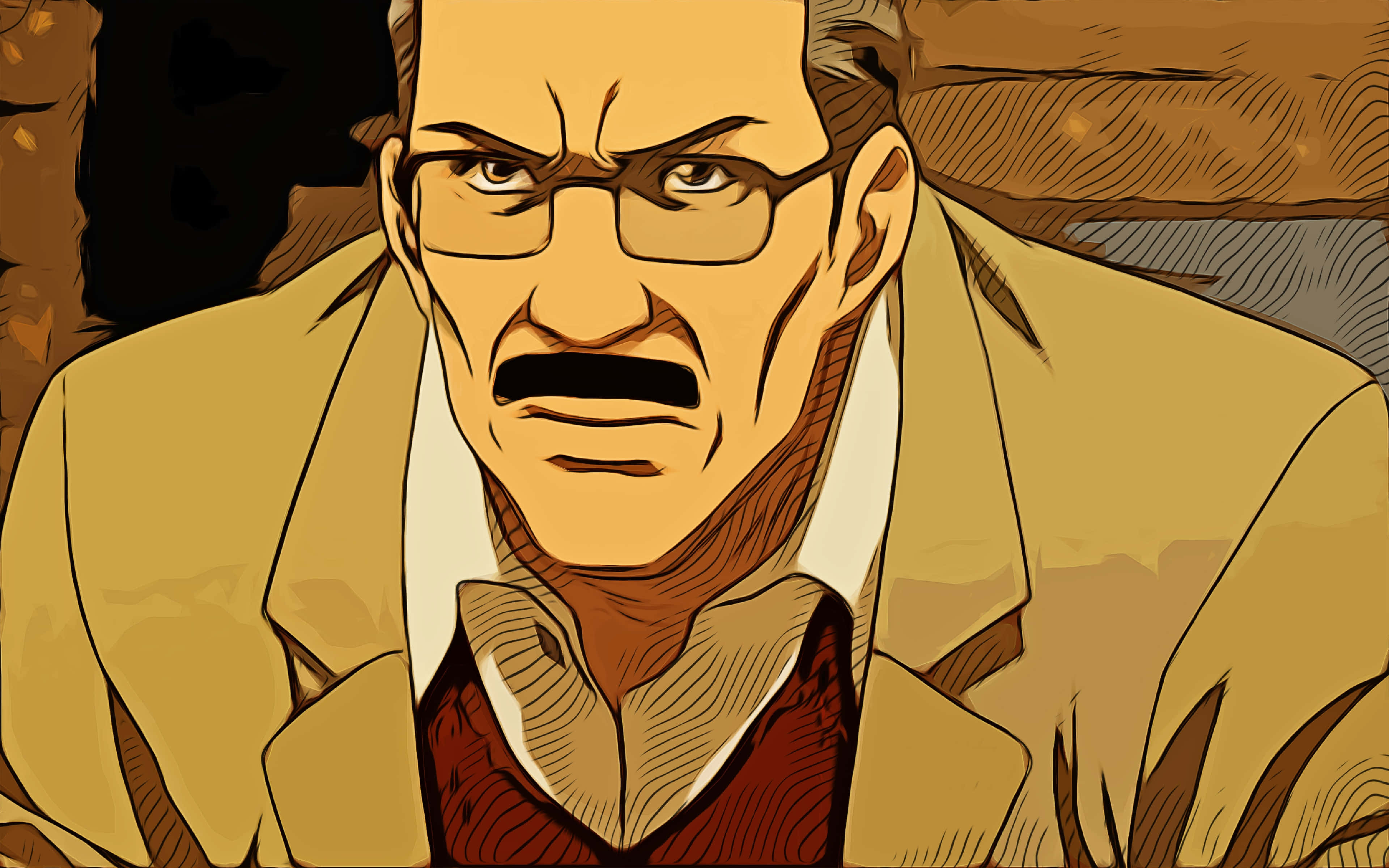 Soichiro Yagami 桌布 壁紙 — 一個戴眼鏡和鬍鬚的嚴肅男子在復古色調的動漫插圖中凝視著。