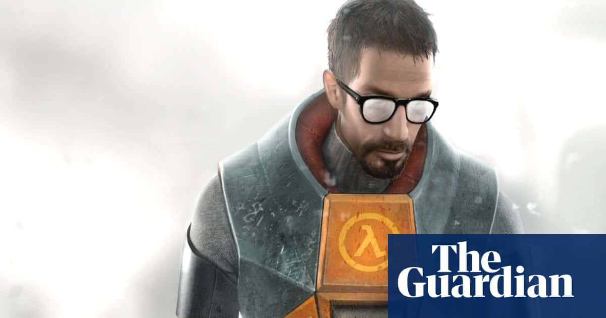 Half-life Characters 桌布 壁紙 — 一個戴眼鏡和鬍鬚的男人，在模糊的白色背景前，手持一個帶有 lambda 符號的發光橙色立方體。