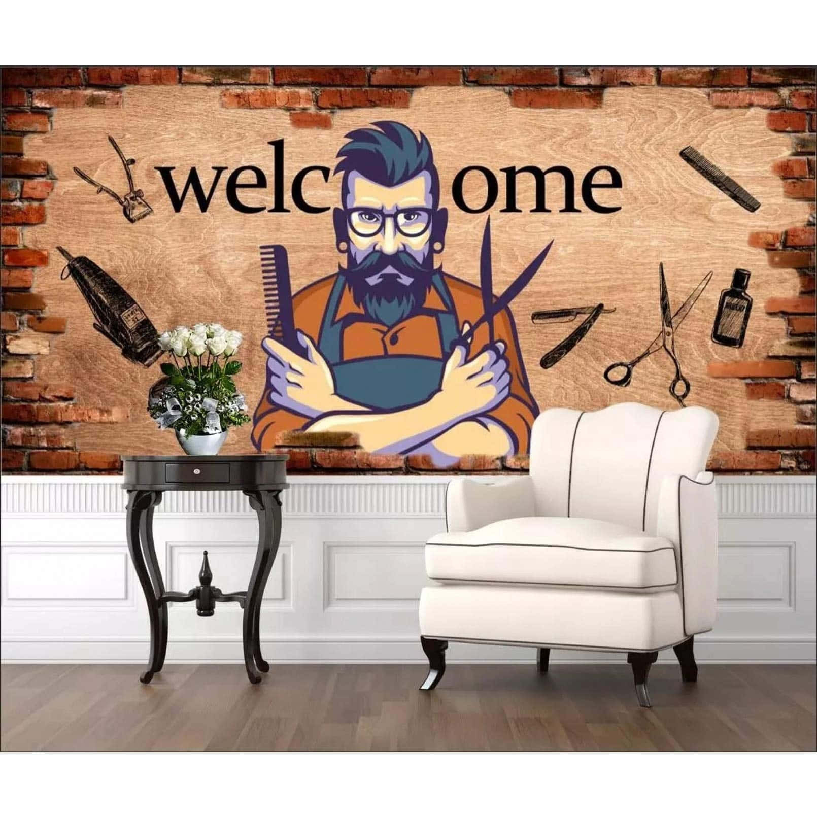 Hair Salon 桌布 壁紙 — 一個戴眼鏡和鬍鬚的風格化卡通理髮師，拿著剪刀和梳子，背景是磚牆，帶有 'welcome' 文字和漂浮的理髮工具。
