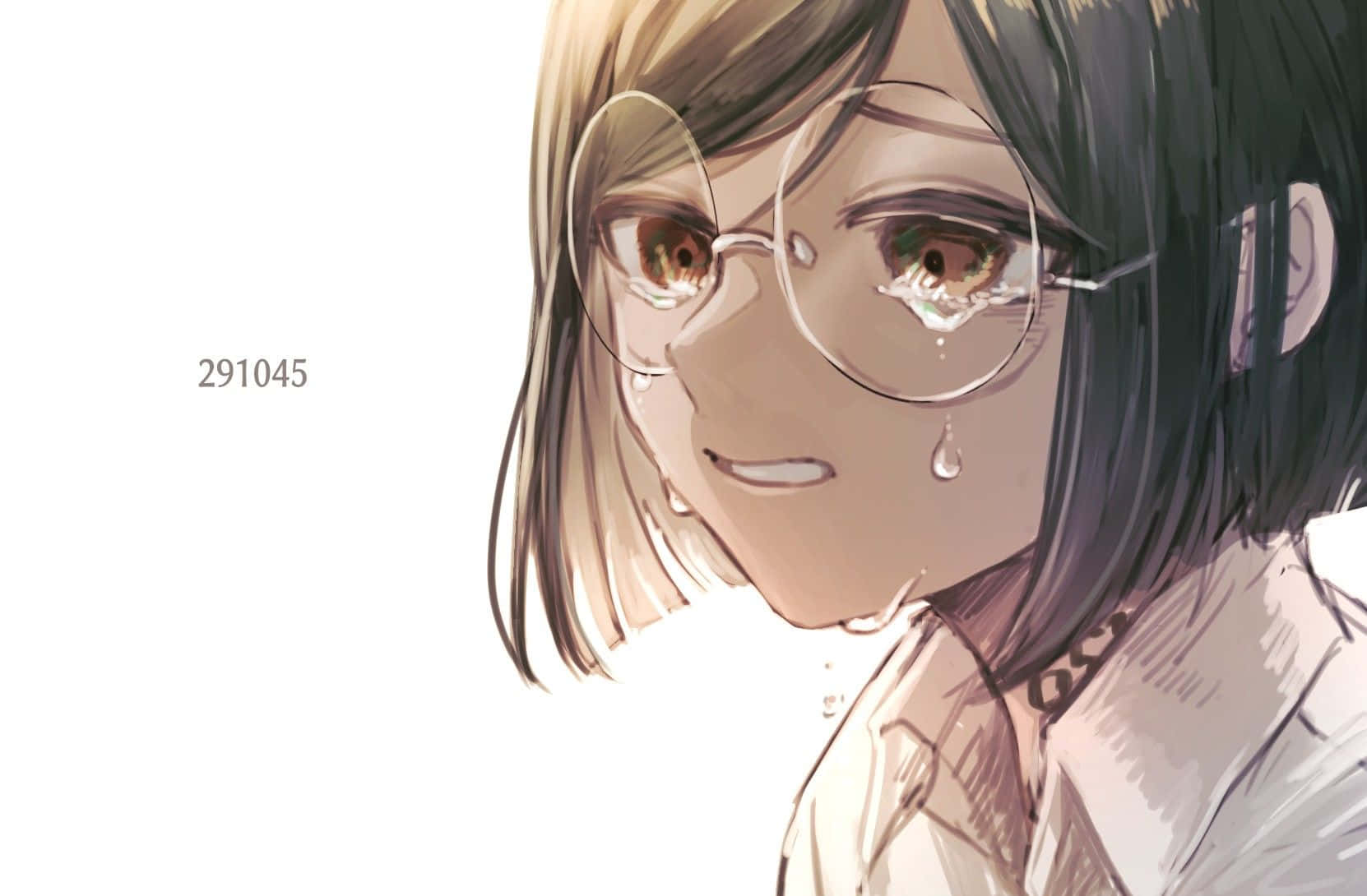 The Promised Neverland Gilda 桌布 壁紙 — 一個戴眼鏡的動漫女孩特寫，在純白色背景上輕輕哭泣。