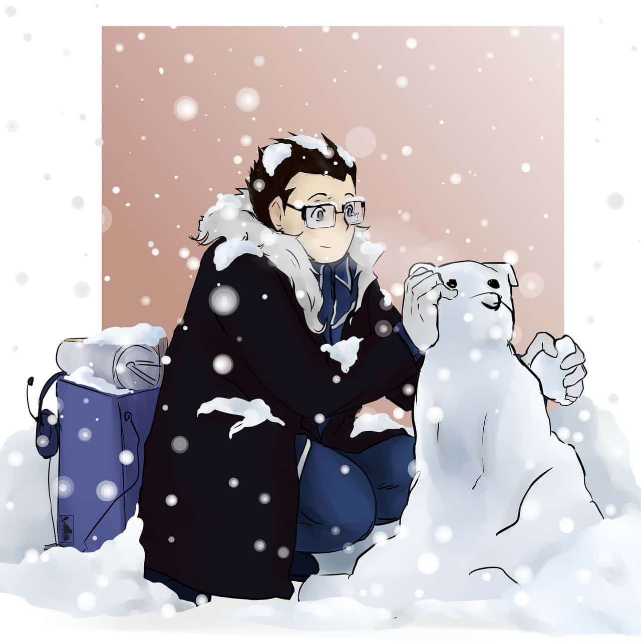 Kain Fuery 桌布 壁紙 — 一個戴眼鏡的動漫男孩穿著雪白外套，在雪花飄落時輕輕觸摸雪狗的鼻子。