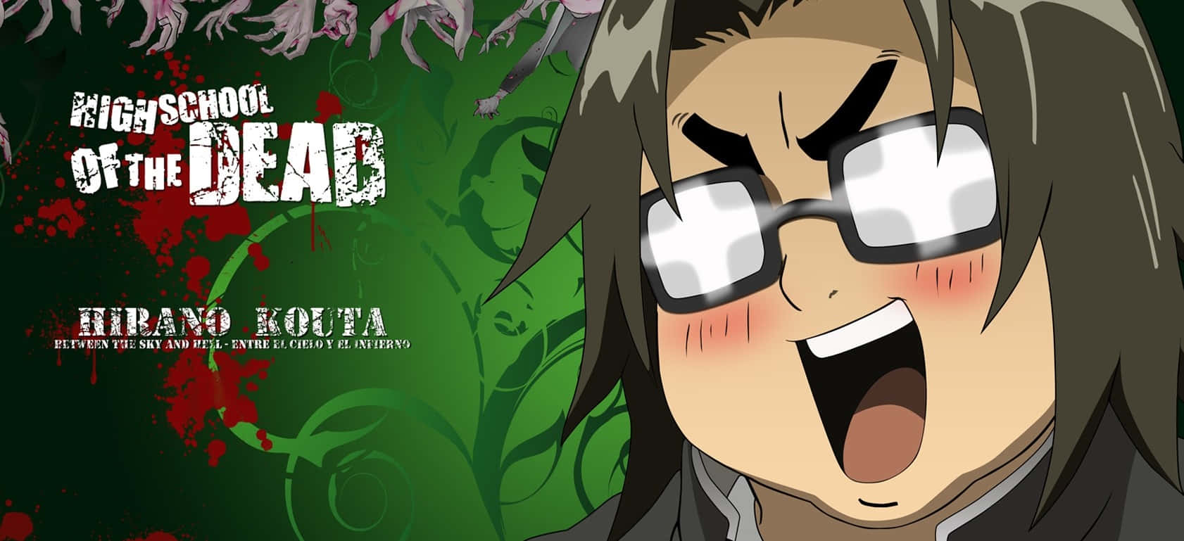 Highschool Of The Dead 桌布 壁紙 — 一個戴眼鏡的動漫角色在綠色背景前大喊，背景有殭屍肢體和血跡。