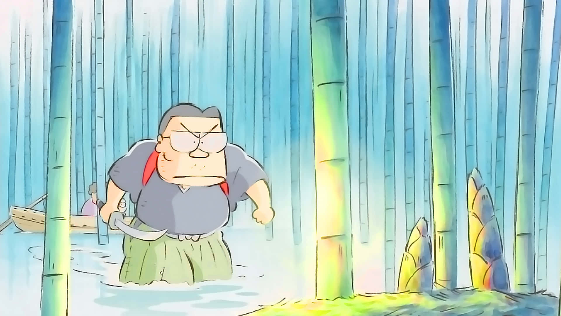 My Neighbors The Yamadas 桌布 壁紙 — 一個戴眼鏡的卡通武士在竹林淺水中涉水，手持彎刀。
