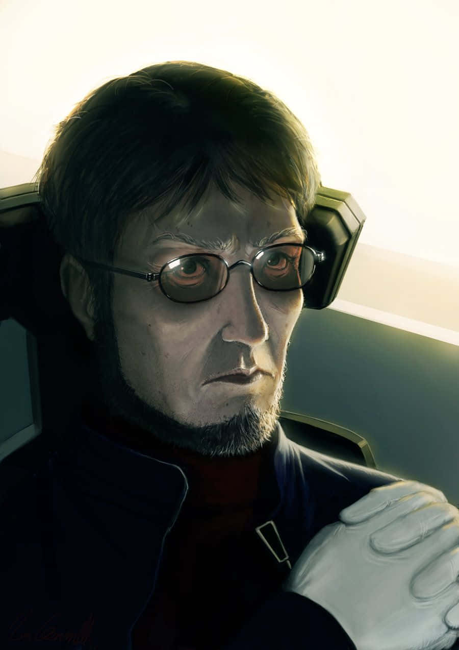 Gendo Ikari 桌布 壁紙 — 一個戴眼鏡的嚴肅男子，一隻戴白手套的手放在他的肩膀上，他坐在駕駛艙內，背景是溫暖的背光。