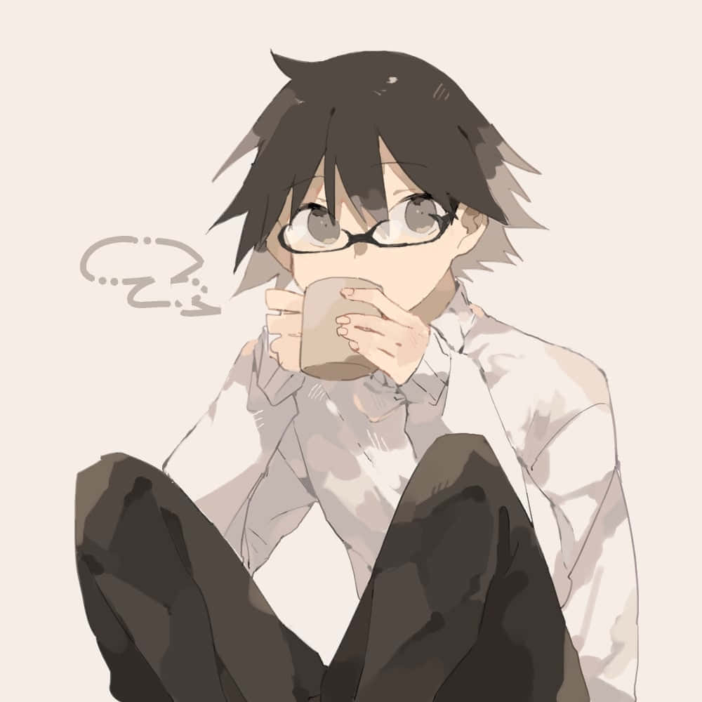 Shinra Kishitani 桌布 壁紙 — 一個戴眼鏡的年輕動漫男孩，雙腿交叉坐著，從杯子裡啜飲，色調柔和低調。