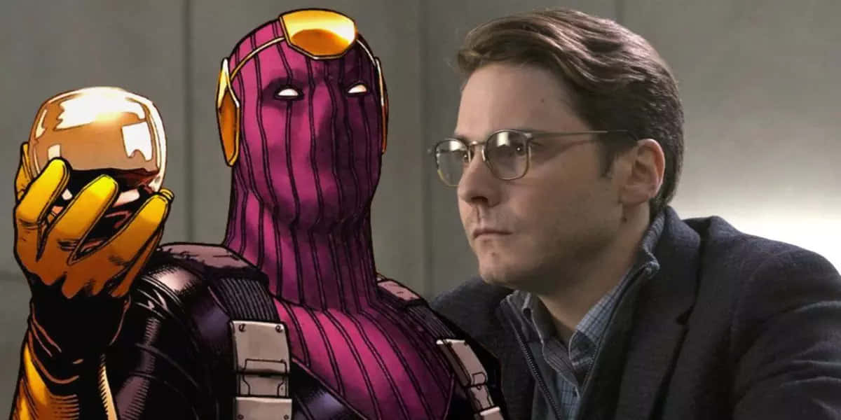 Baron Zemo 桌布 壁紙 — 一個戴眼鏡的男人坐在一個漫畫風格的紫色和金色裝甲超級英雄旁邊，英雄手持一個發光的球體。