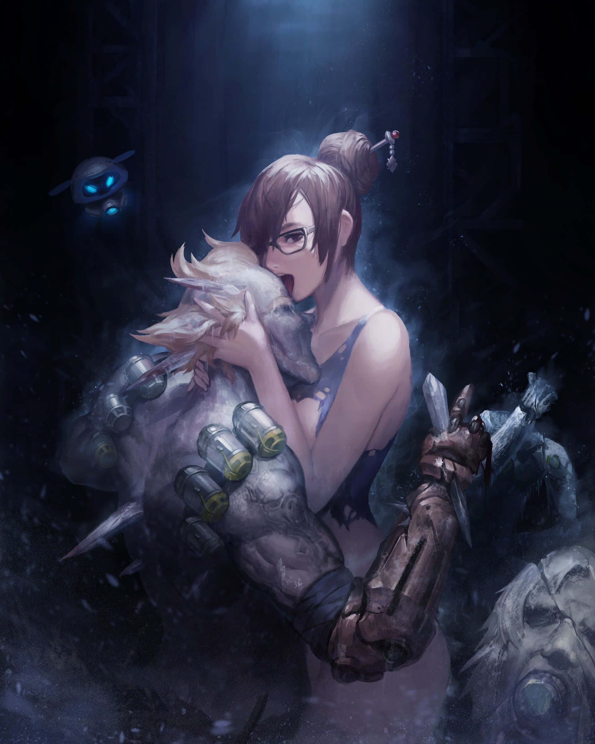 Overwatch Mei 桌布 壁紙 — 一個戴眼鏡的賽博龐克動漫女孩在黑暗的工業環境中抱著一個毛茸茸的生物，同時手持武器。