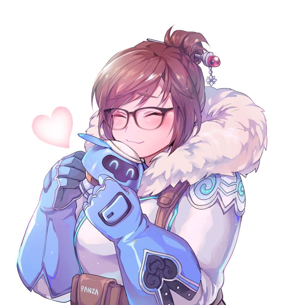 Overwatch Mei 桌布 壁紙 — 一個戴眼鏡的開朗動畫女孩擁抱著一個藍色小機械人同伴，一個粉紅色的心形在他們旁邊漂浮。