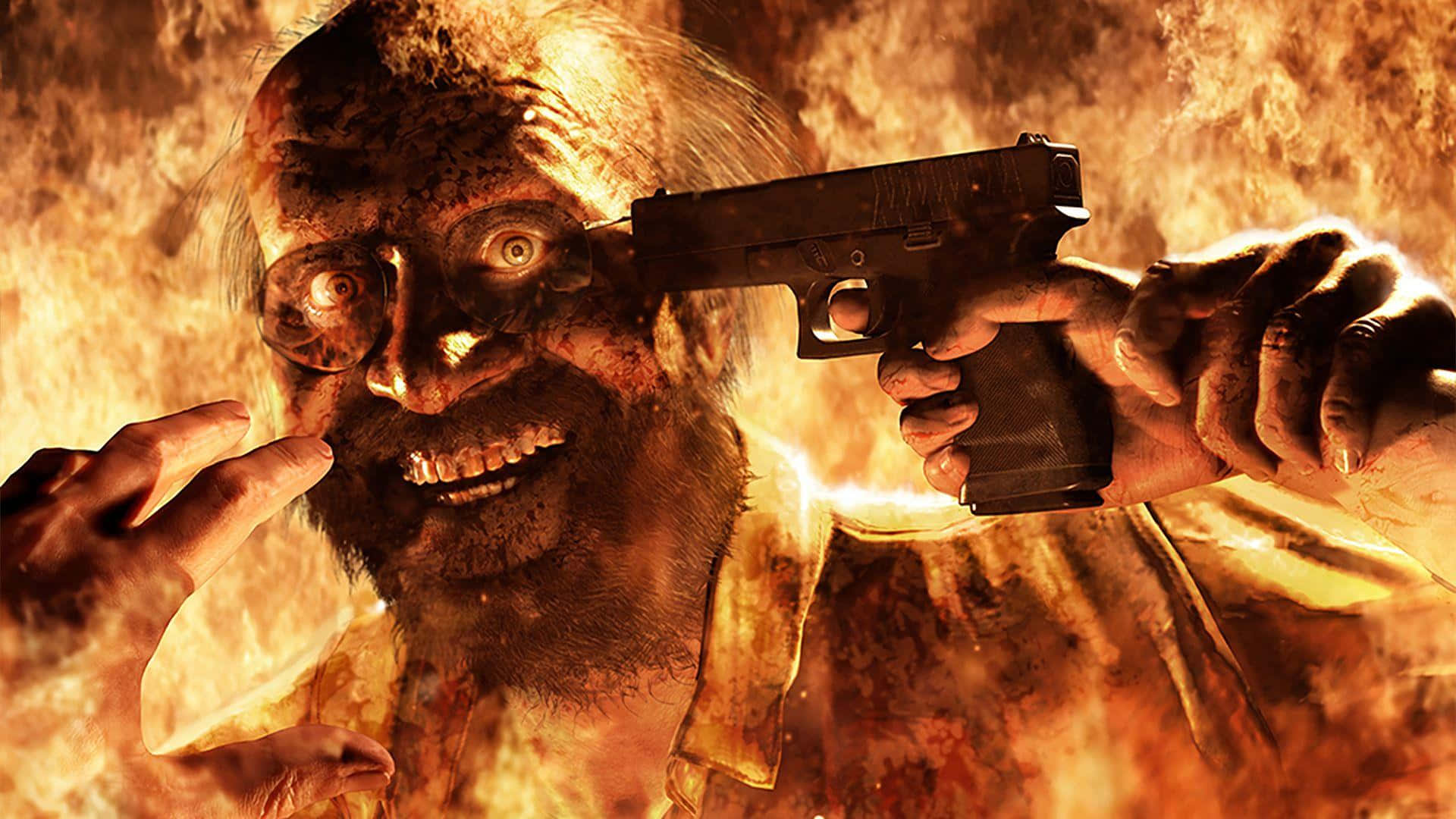 Horror Games 桌布 壁紙 — 一個戴眼鏡的驚恐男子，在旋轉的火焰中將槍指向自己的頭部，形成熾熱而強烈的特寫。