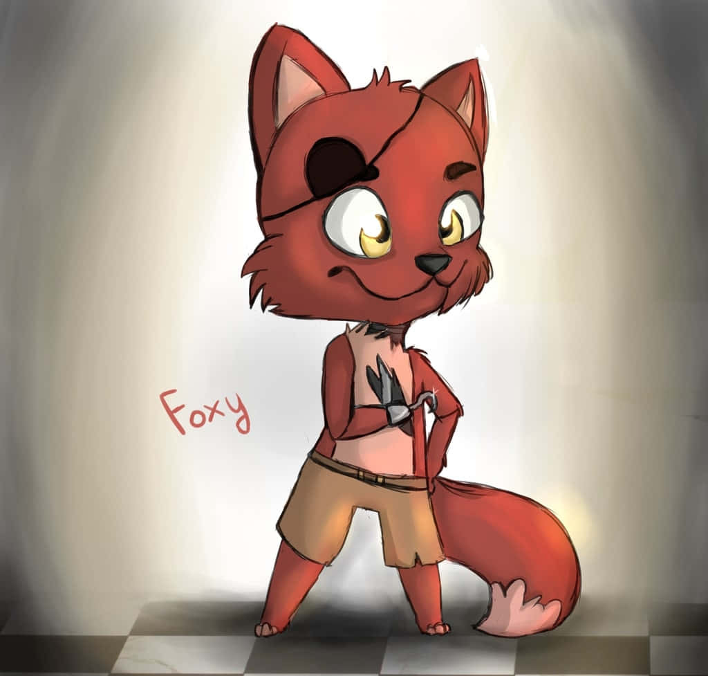 Foxy The Pirate 桌布 壁紙 — 一個戴着眼罩和持劍的快樂紅狐角色，自信地站在柔和聚光燈下的棋盤格地板上。