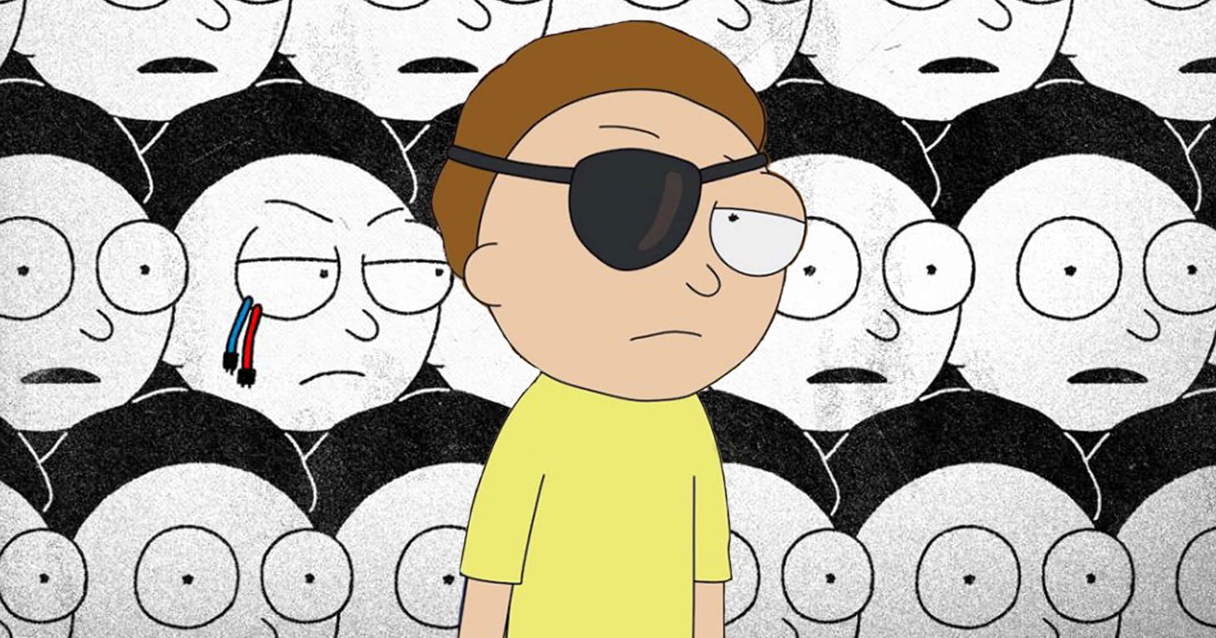Evil Morty 桌布 壁紙 — 一個戴着眼罩的卡通男孩獨自站在一群面目相同的空白面孔角色面前。