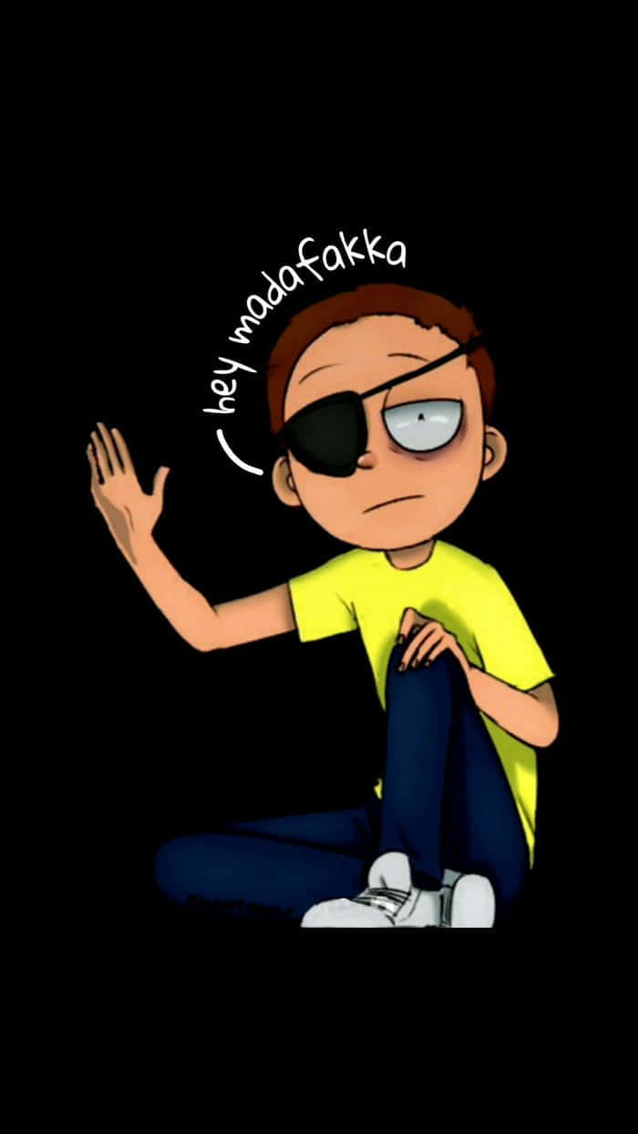 Evil Morty 桌布 壁紙 — 一個戴着眼罩的卡通男孩盤腿坐在黑色背景前，揮着手，上方有文字。