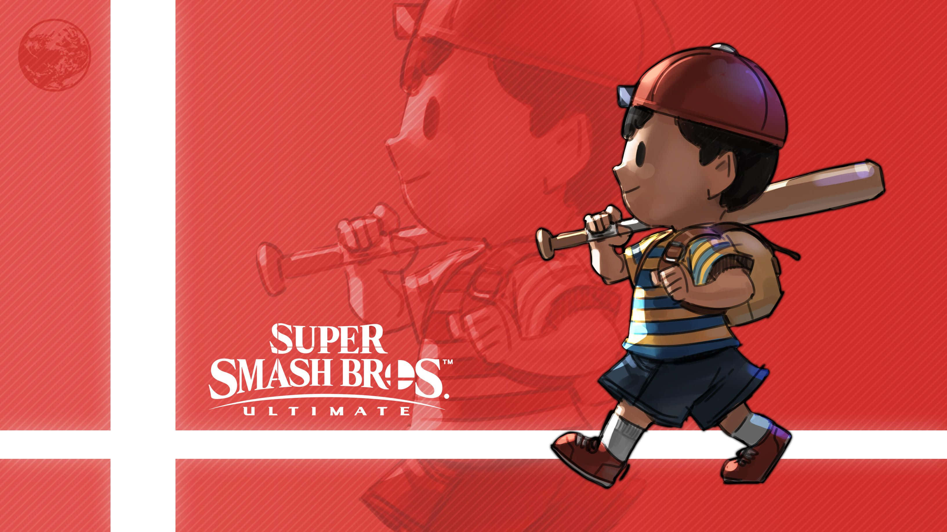 Earthbound 桌布 壁紙 — 一個戴紅帽、穿條紋衫的開心卡通男孩，自信地將棒球棍扛在肩上走著，背景是醒目的紅白色，並有Super Smash Bros Ultimate標誌。
