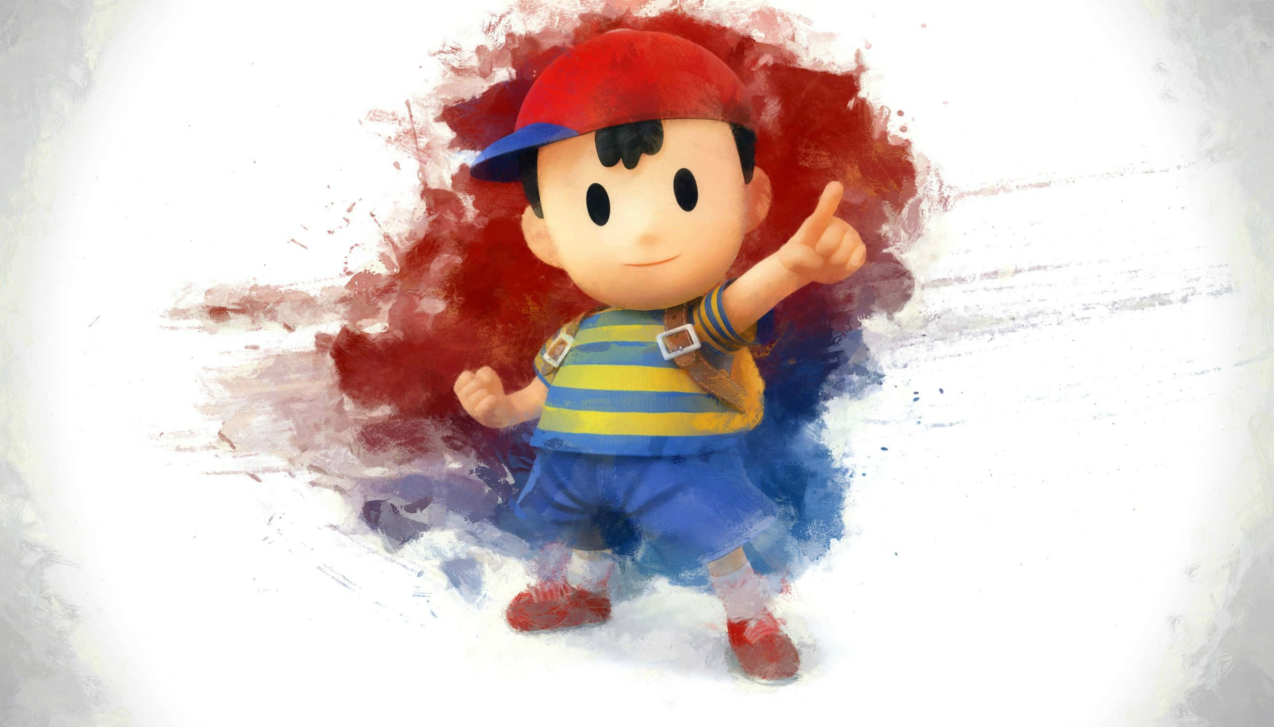 Earthbound 桌布 壁紙 — 一個戴紅帽、穿條紋衫的開朗卡通男孩，在充滿活力的水彩潑濺背景前向前指。