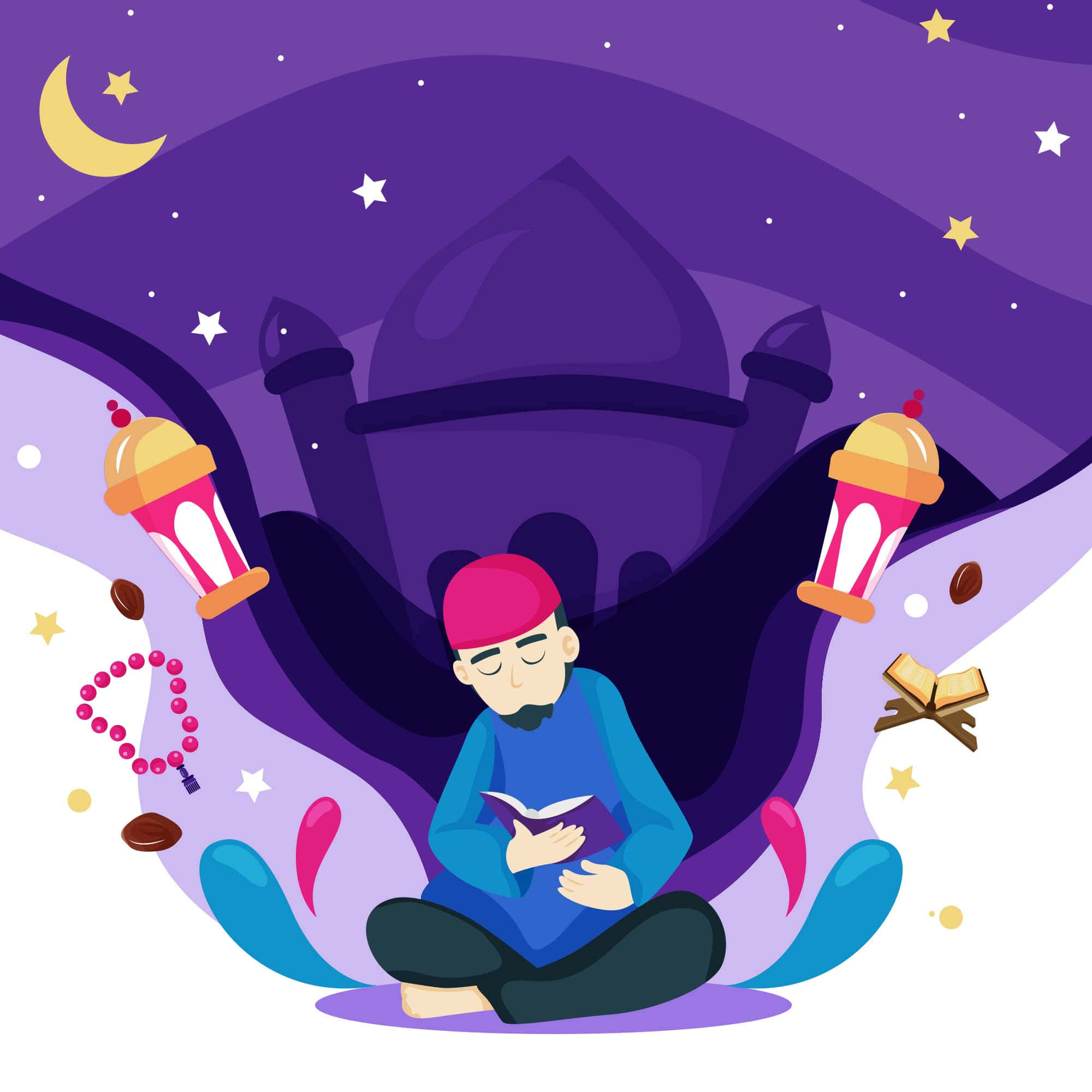 vector 桌布 壁紙 — 一個戴紅帽的男人在星空紫色天空下閱讀一本書，背景有清真寺和漂浮的燈籠。