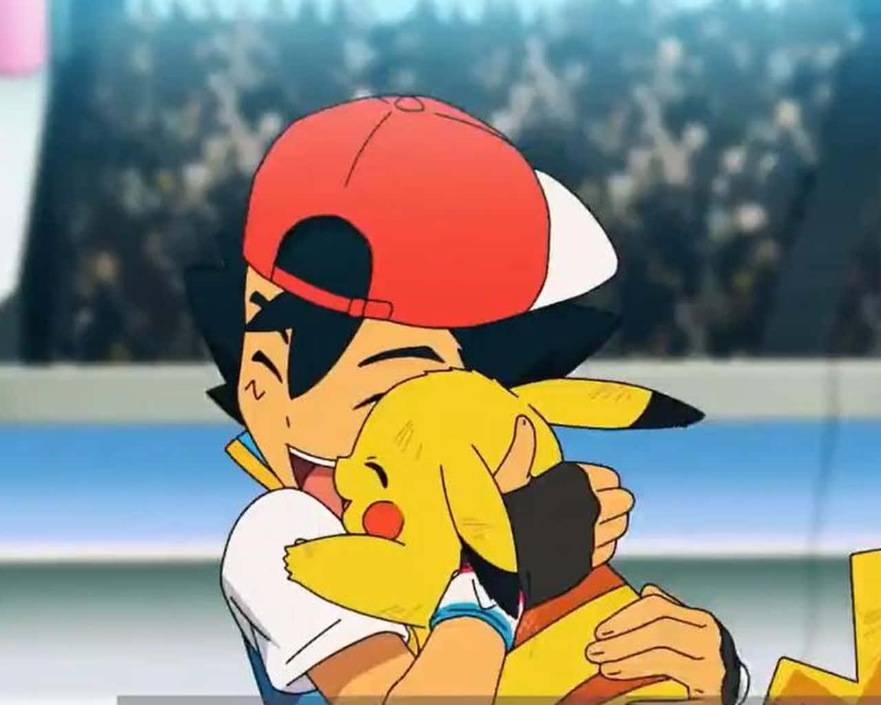 Pokemon Tv Shows 桌布 壁紙 — 一個戴紅帽的開心動畫男孩在擠滿歡呼人群的體育場裡緊緊抱著他的黃色比卡超。