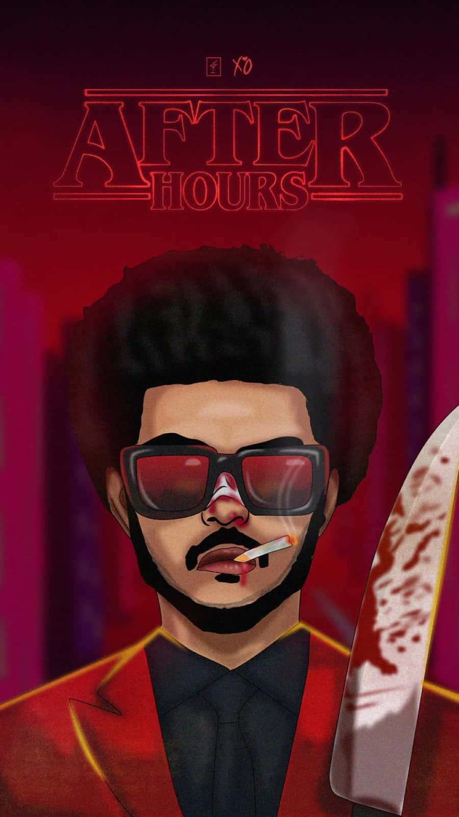 The Weeknd After Hours 桌布 壁紙 — 一個戴紅色太陽眼鏡、穿紅色西裝的時尚男子，在霓虹燈照亮嘅城市背景下手持一把血淋淋嘅刀。