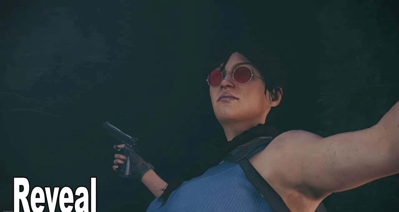 Rainbow Six Siege Ash 桌布 壁紙 — 一個戴紅色太陽眼鏡、穿藍色背心的角色，在黑暗森林背景下手持手槍，並帶有「Reveal」文字。