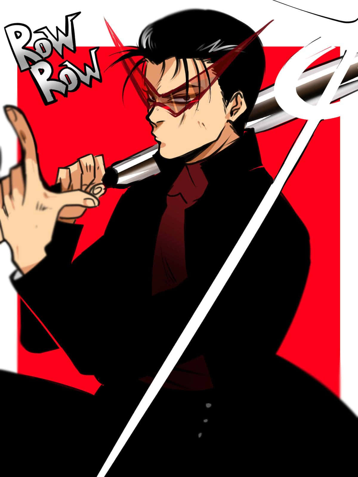 Metal Bat 桌布 壁紙 — 一個戴紅色眼鏡、身穿黑色西裝的風格化動漫男子，在鮮明的紅白背景前手持麥克風。