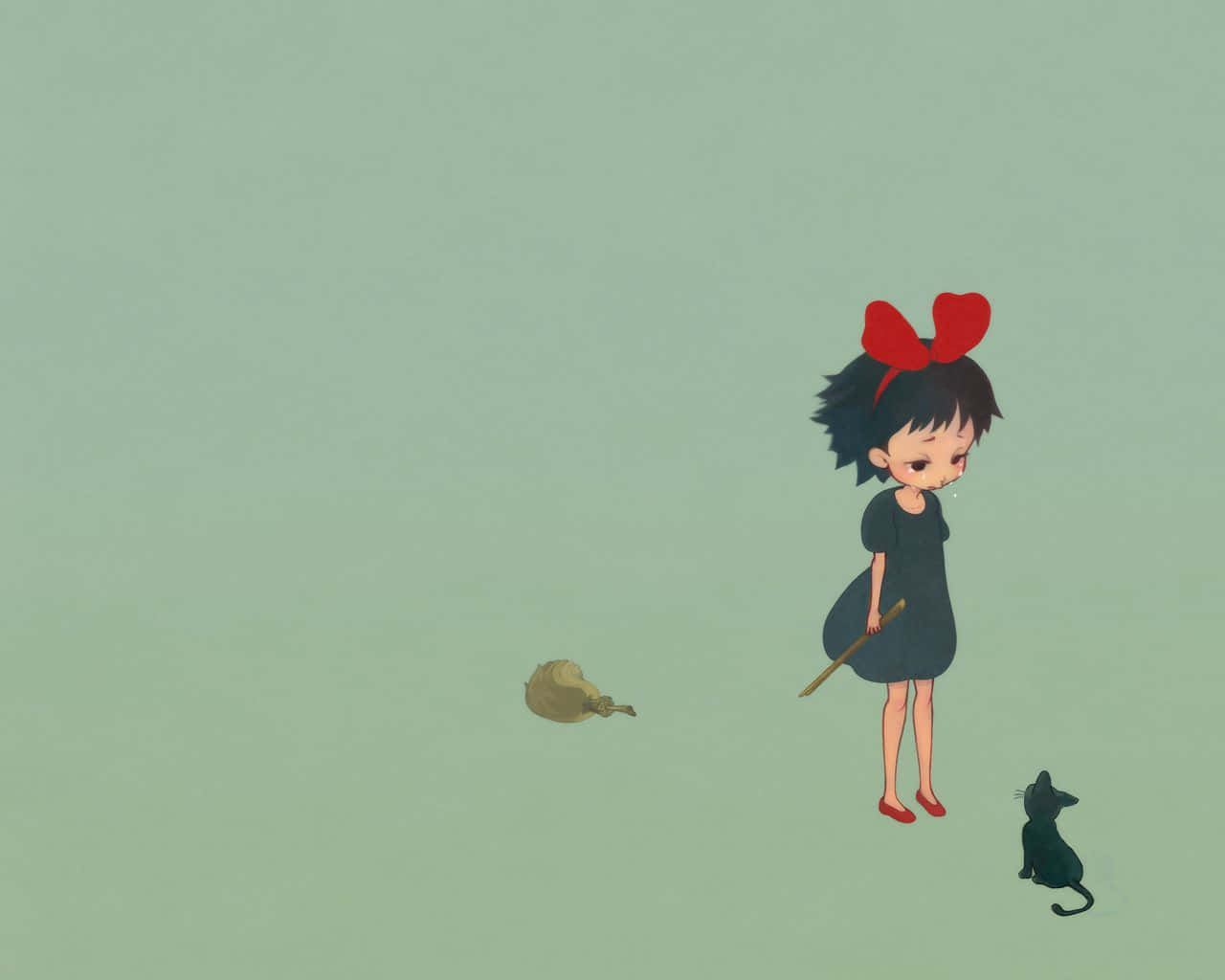 kiki's delivery service 桌布 壁紙 — 一個戴紅色蝴蝶結、穿黑色連衣裙的小女孩，站在一隻拿著掃帚的黑貓旁邊，背景是柔和的綠色。