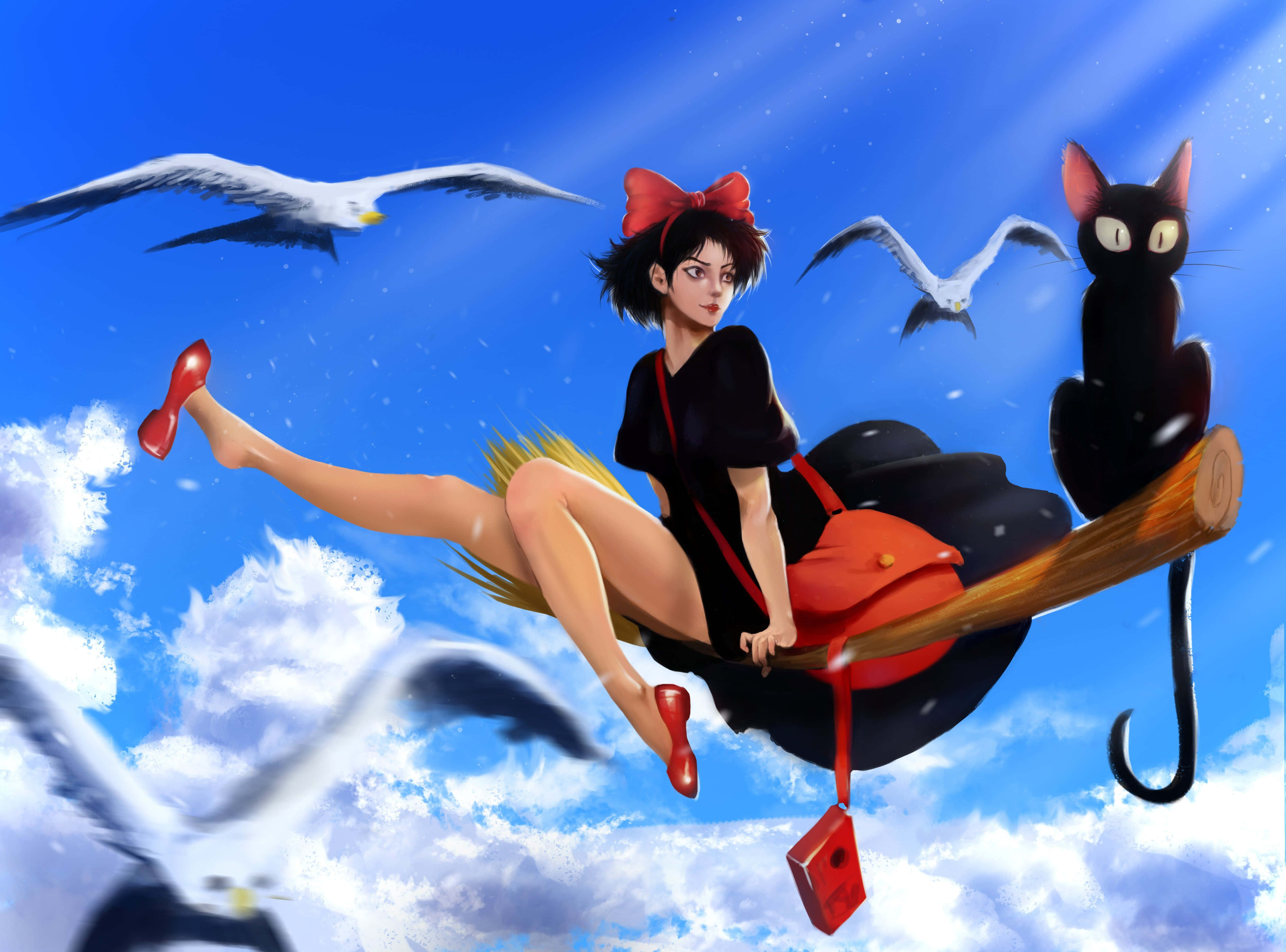 Jiji Cat 桌布 壁紙 — 一個戴紅色蝴蝶結嘅女仔騎住掃帚飛過藍天，旁邊有海鷗同一隻黑貓。