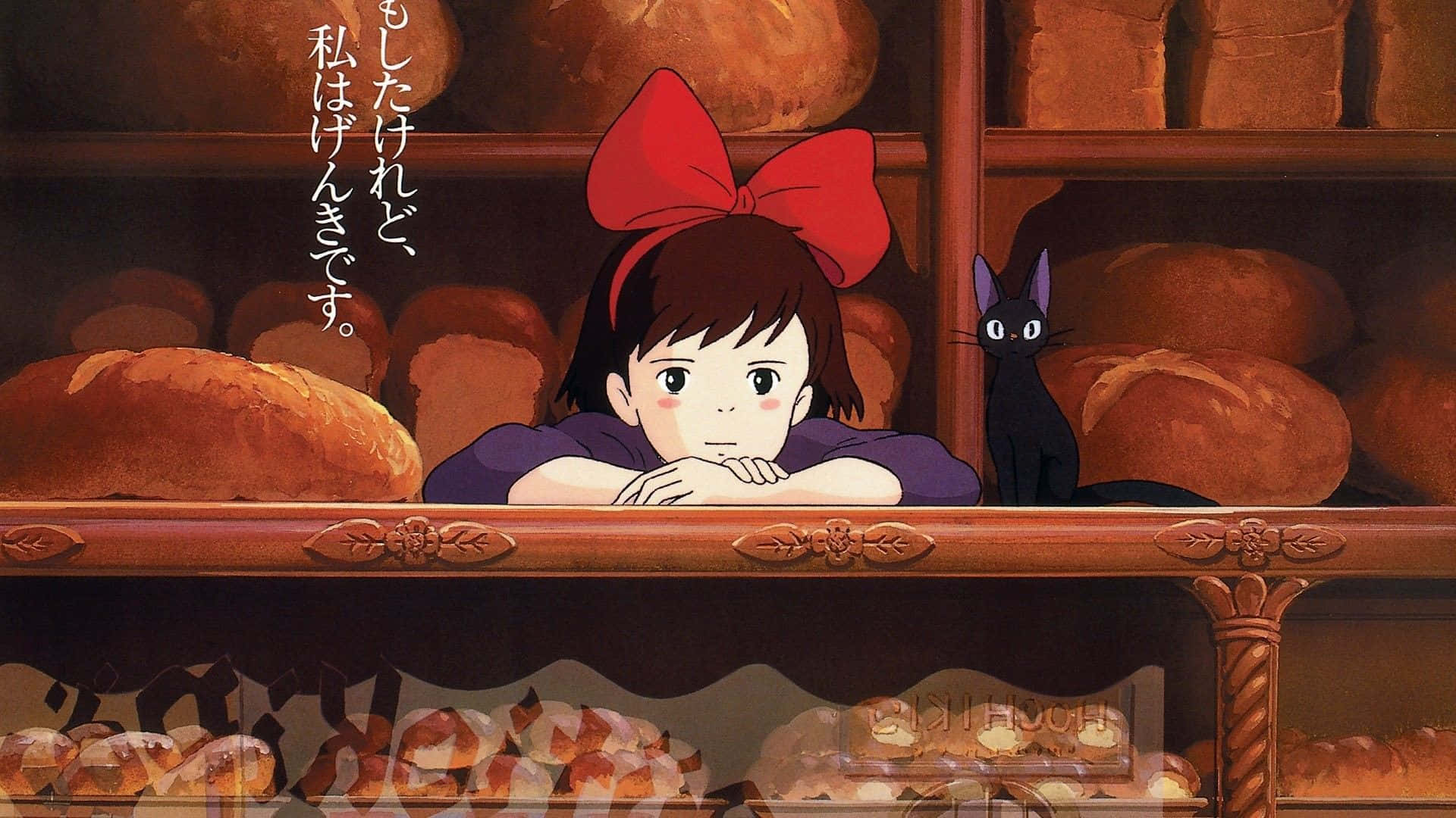 Jiji Cat 桌布 壁紙 — 一個戴紅色蝴蝶結的小女孩和一隻黑貓，喺被金黃色麵包包圍嘅麵包店櫃檯上探頭張望。