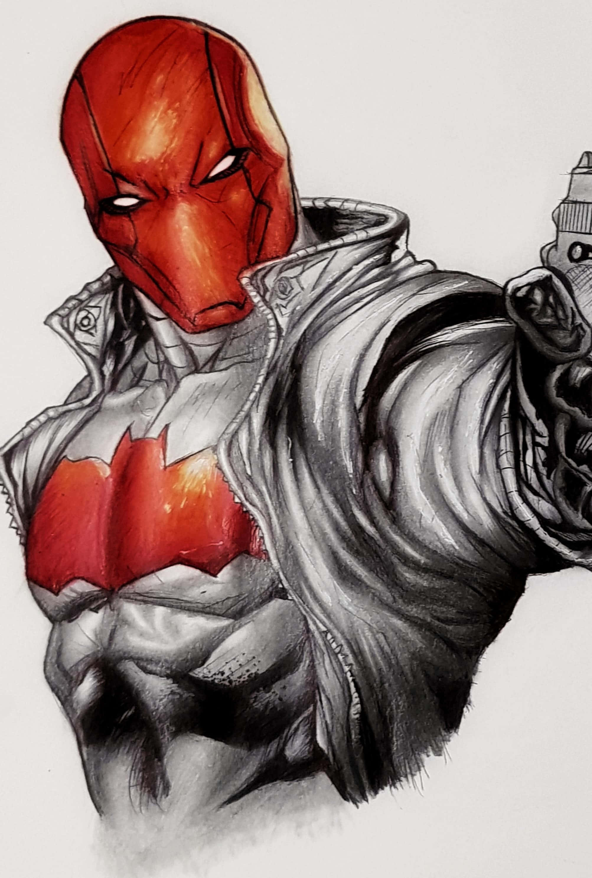 Red Hood 桌布 壁紙 — 一個戴紅色面具、身穿皮褸的威脅性義警，以粗獷插畫風格手持槍械。