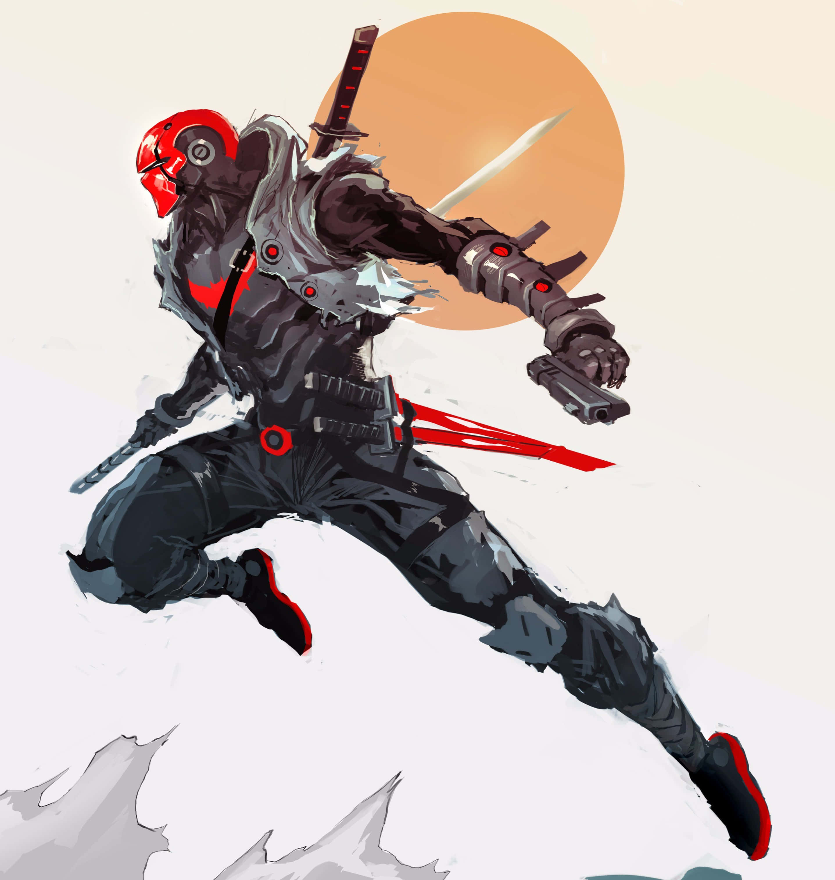 Red Hood 桌布 壁紙 — 一個戴紅色面具、身穿黑色盔甲的忍者，在溫暖的橙色太陽背景下，手持劍和手槍向前躍進。