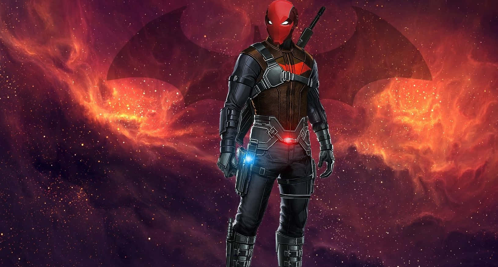 Red Hood 桌布 壁紙 — 一個戴紅色面具的超級英雄站在熾熱的宇宙星雲中，身後有發光的蝙蝠標誌。