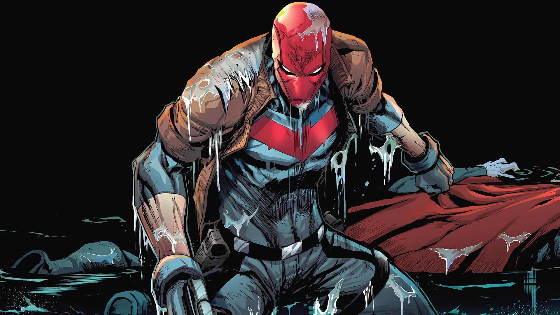 Red Hood 桌布 壁紙 — 一個戴紅色面具的超級英雄蹲在冰冷的水中，冰柱從他的戰衣滴落，背景黑暗。