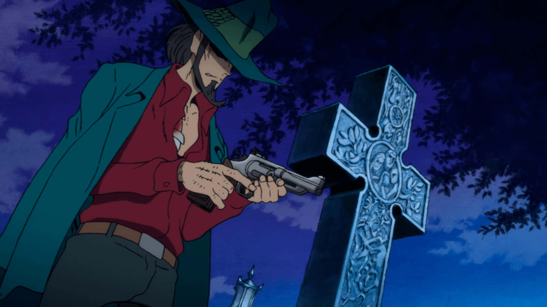 Lupin Iii Daisuke Jigen 桌布 壁紙 — 一個戴綠色帽、穿紅色衫的牛仔，在暮色天空下用左輪手槍瞄準一個華麗的藍色十字架。