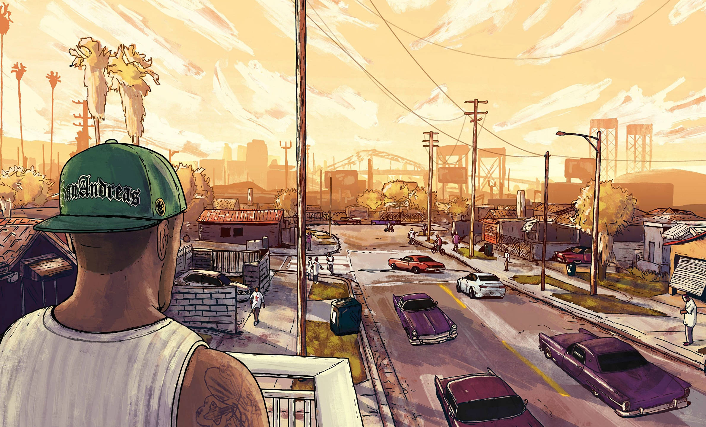 Gta 桌布 壁紙 — 一個戴綠色帽嘅男人俯瞰一條陽光普照嘅城市街道，有經典車同棕櫚樹，天空係金色嘅。