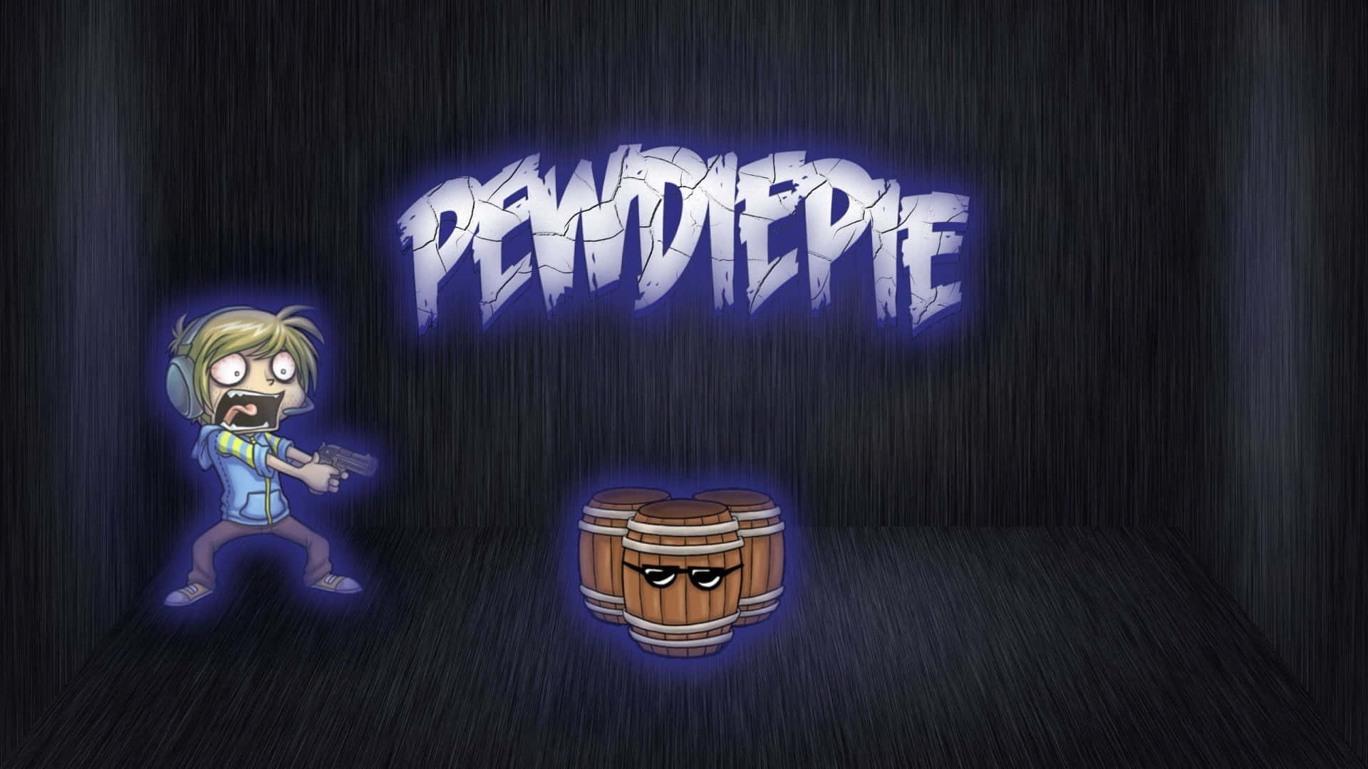 PewDiePie 桌布 壁紙 — 一個戴耳機的卡通角色在黑暗下雨的房間中，在發光的藍色「PEWDIEPIE」文字下，用槍瞄準一個有眼睛的木桶。