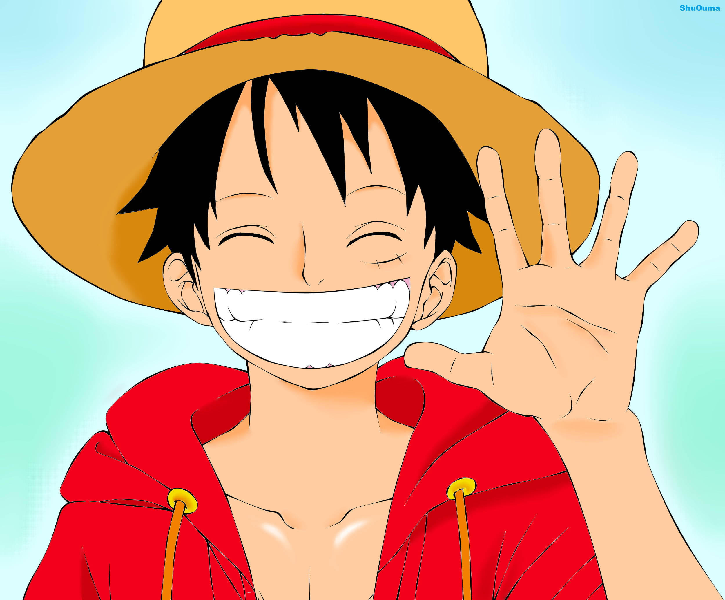luffy smile 桌布 壁紙 — 一個戴草帽、穿紅色連帽衫的開朗動漫男孩，在柔和的藍色背景上咧嘴笑著揮手。