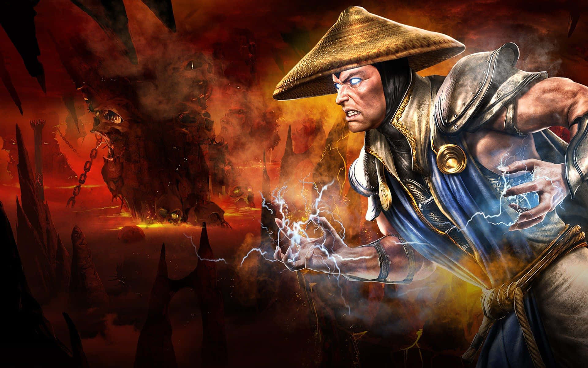 Mortal Kombat Legacy 桌布 壁紙 — 一個戴草帽嘅戰士喺一個有鋸齒狀尖塔同鎖鏈怪獸嘅火熱地獄景觀中引導噼啪作響嘅閃電。
