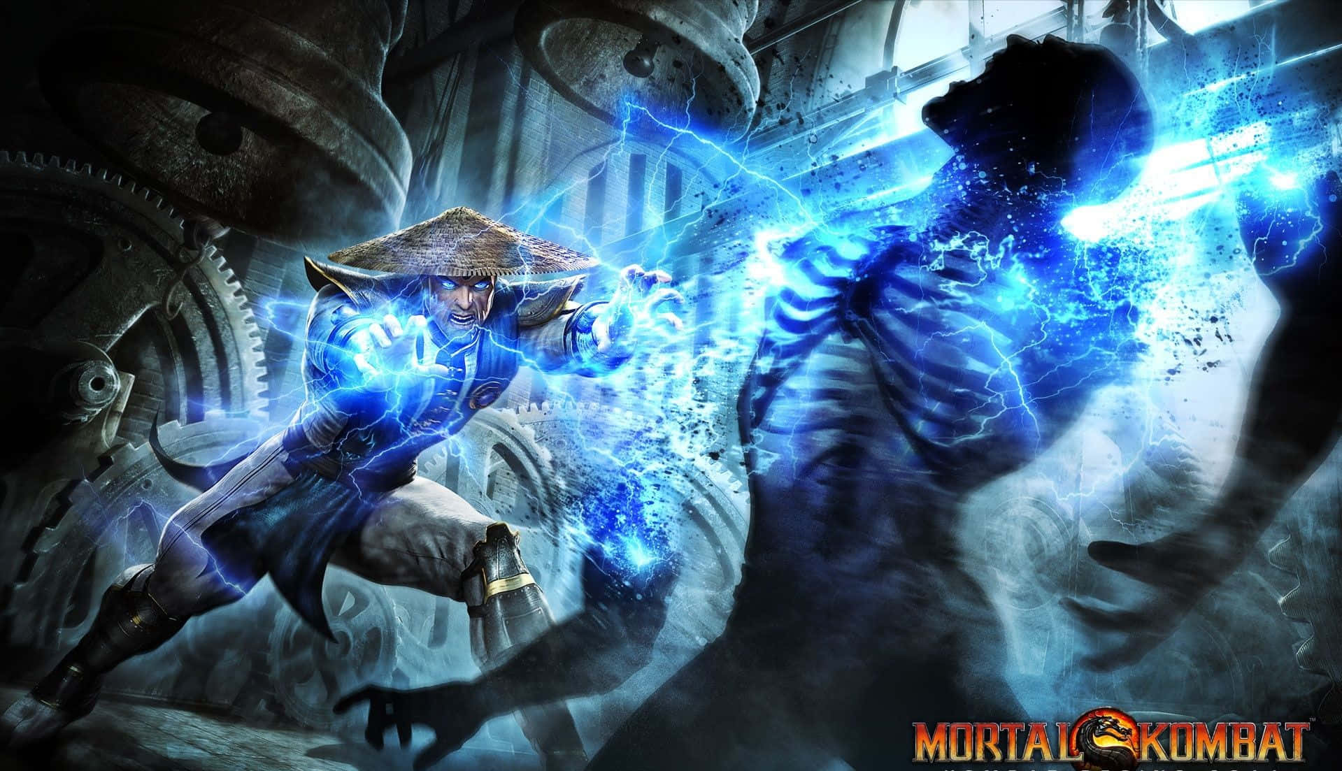 Mortal Kombat Raiden 桌布 壁紙 — 一個戴草帽嘅戰士喺機械競技場向一個幽靈對手釋放藍色閃電。