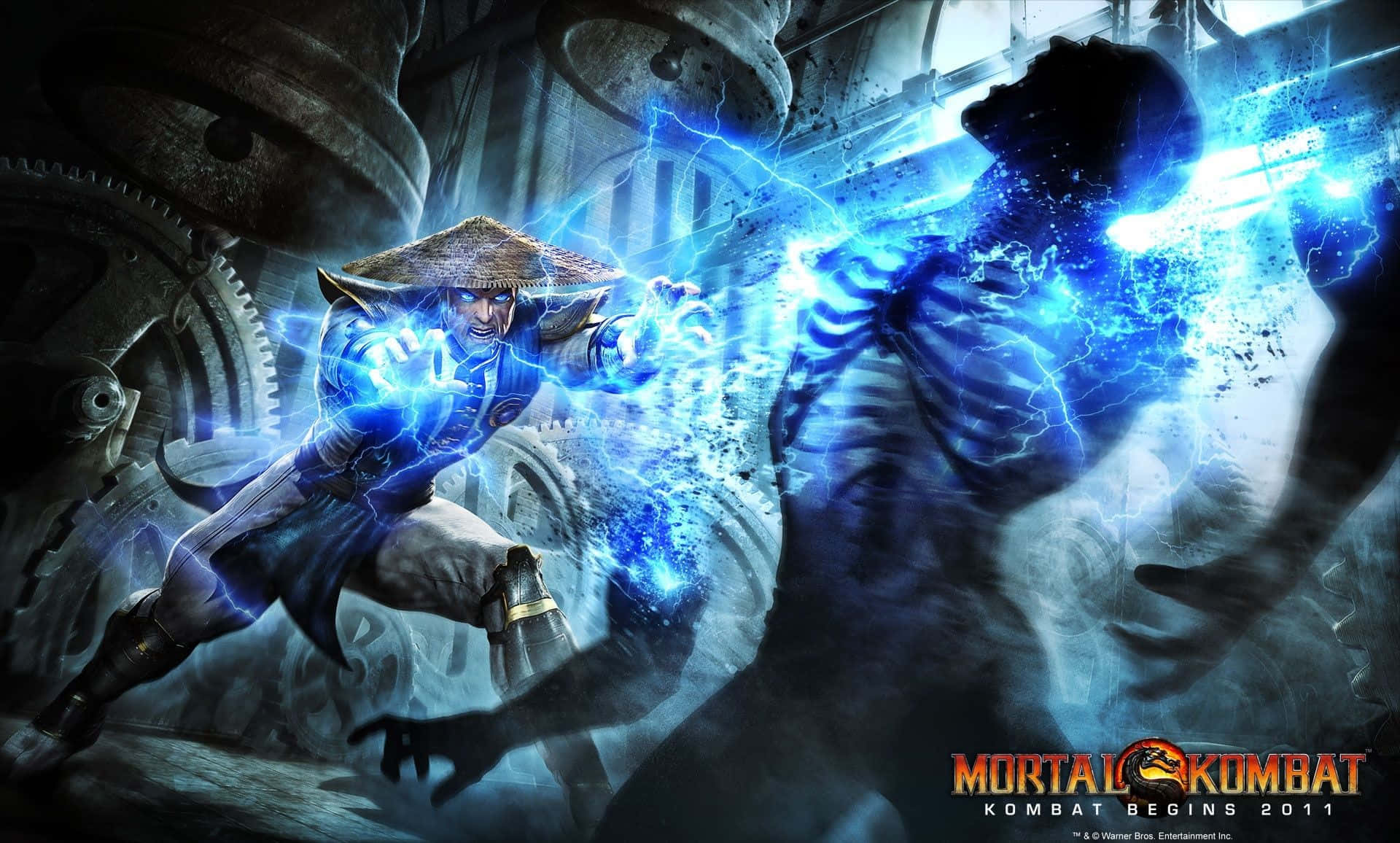 Mortal Kombat Fatality 桌布 壁紙 — 一個戴草帽嘅戰士喺機械競技場向骷髏對手釋放藍色閃電。
