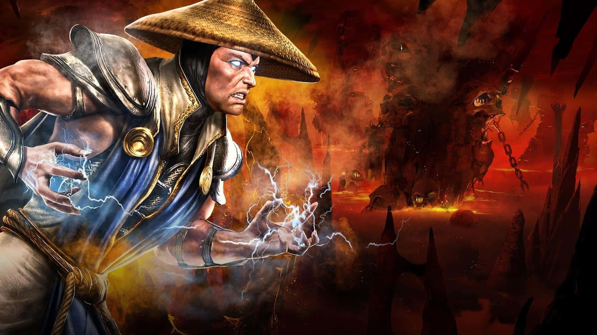 Mortal Kombat Raiden 桌布 壁紙 — 一個戴草帽的肌肉戰士在火焰惡魔背景下引導噼啪作響的閃電。