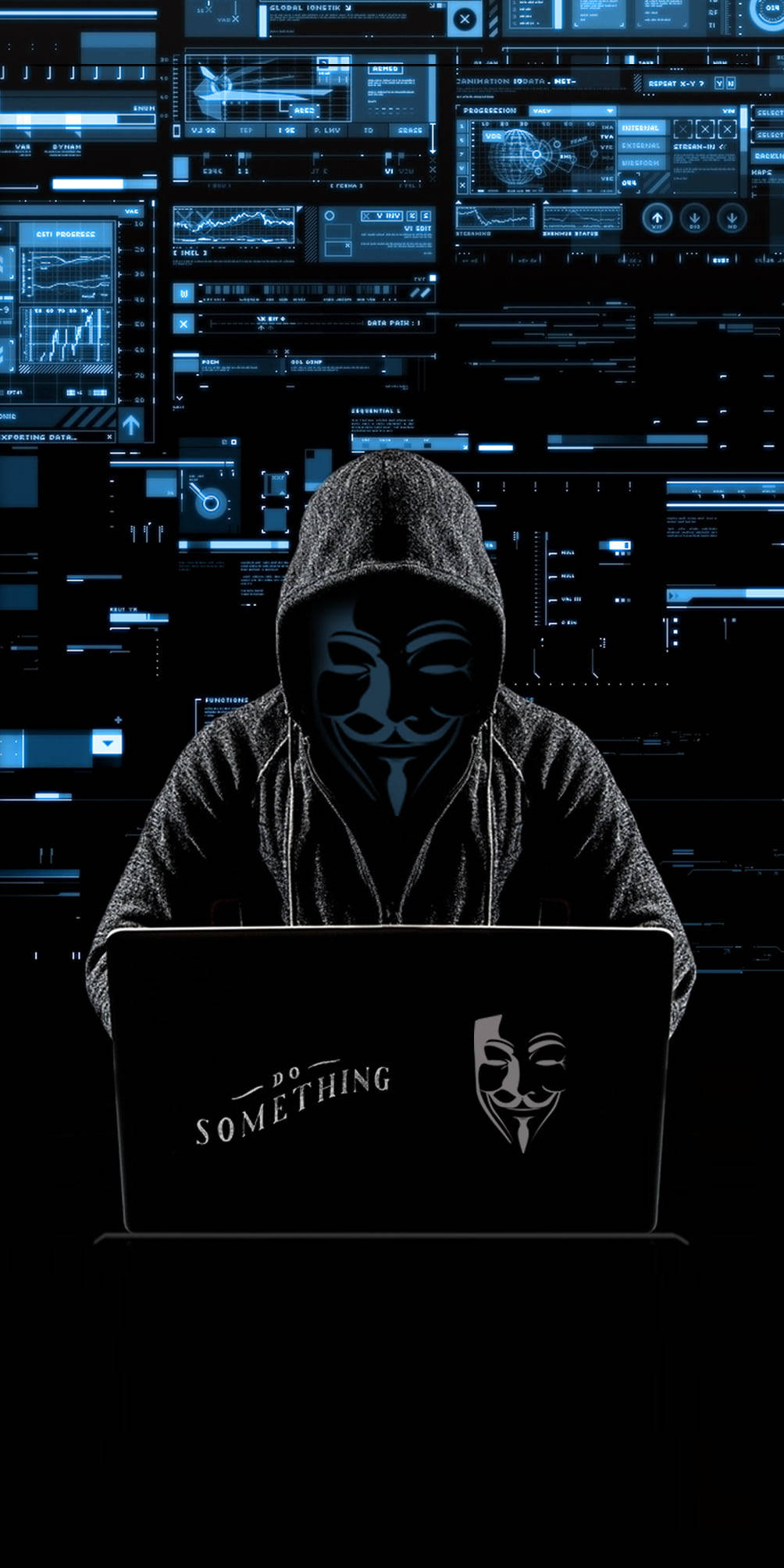 黑客 桌布 壁紙 — 一個戴著 Guy Fawkes 面具、身穿連帽衫的人物坐在筆記型電腦前，螢幕上顯示 'do something' 文字，背景是發光的藍色數位螢幕。
