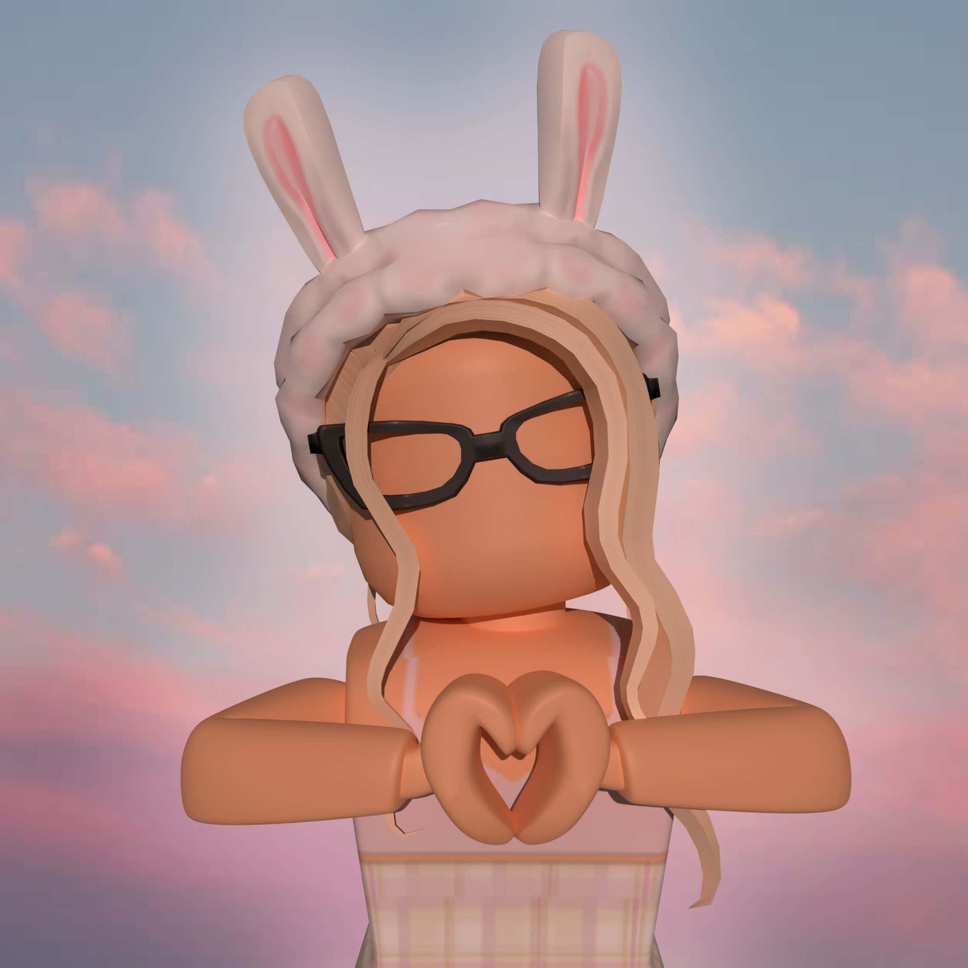 Aesthetic Roblox 桌布 壁紙 — 一個戴著兔耳和眼鏡的Roblox角色在粉彩日落天空下用手比出心形。
