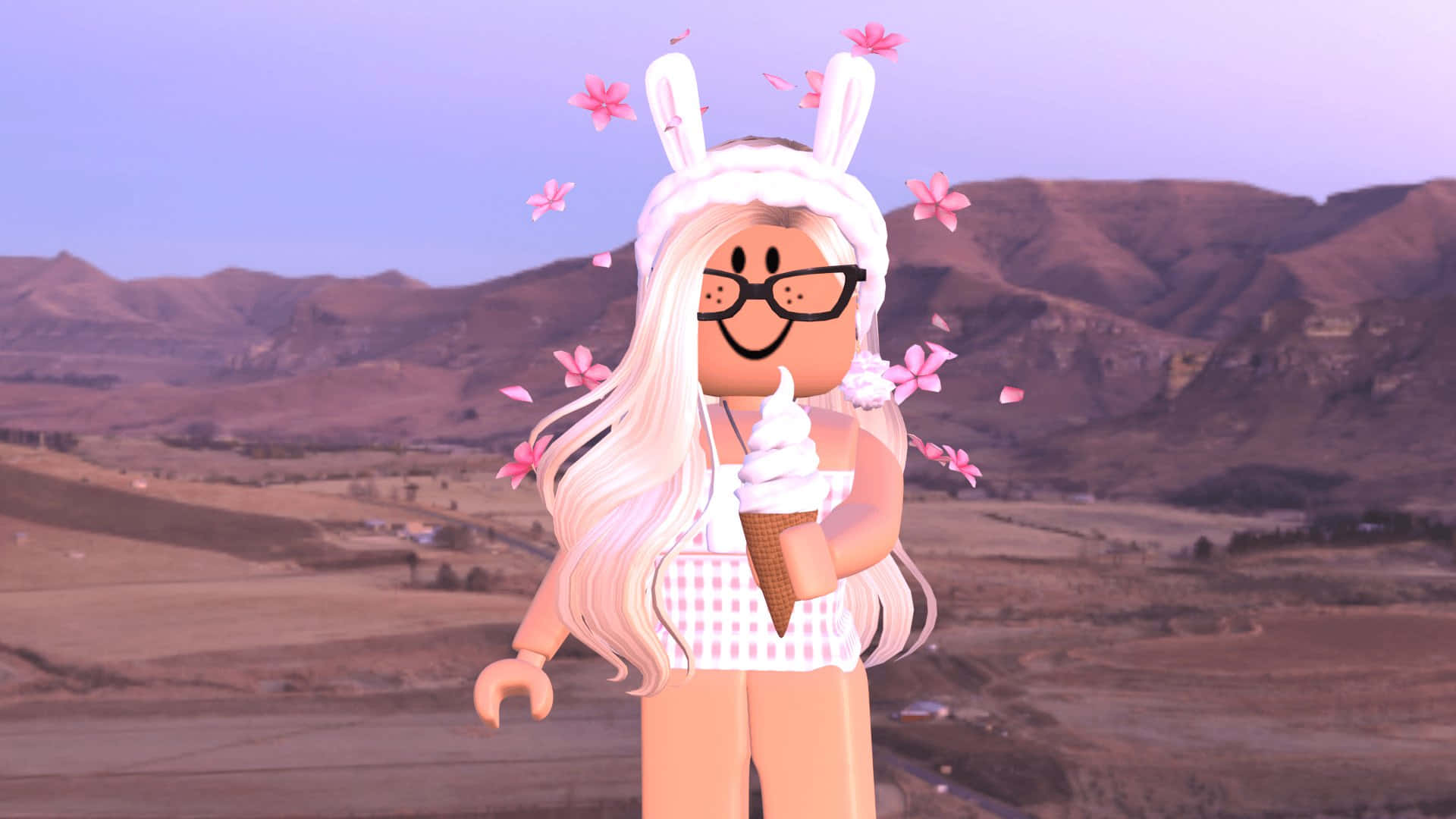 美學 Roblox 桌布 壁紙 — 一個戴著兔耳和眼鏡的Roblox虛擬角色正在享受雪糕，粉紅色的櫻花在她周圍飄浮，背景是山巒日落。