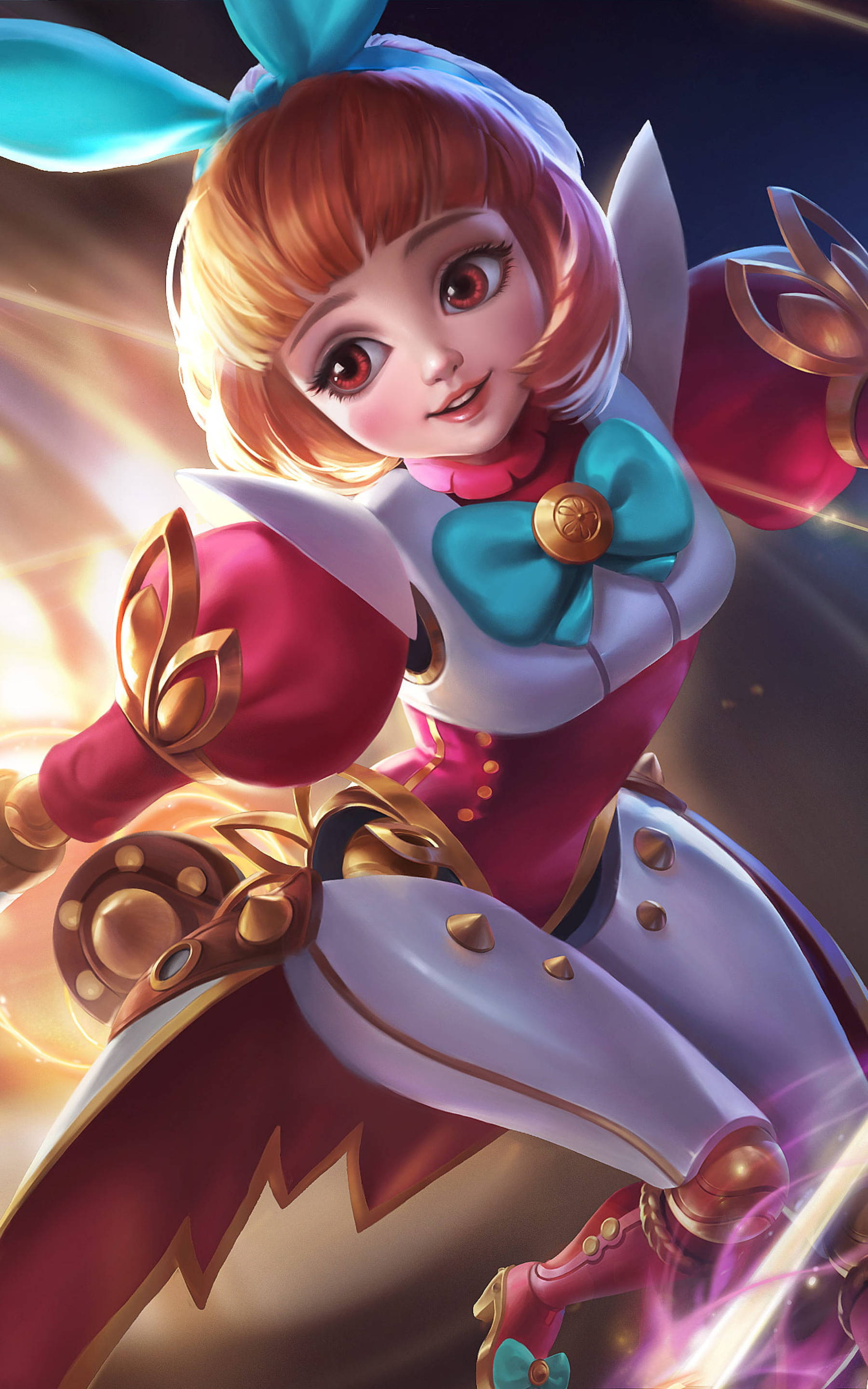 Mobile Legends 桌布 壁紙 — 一個戴著兔耳和蝴蝶結的開朗動漫女孩，在閃耀的金色背景下揮舞著發光的武器。