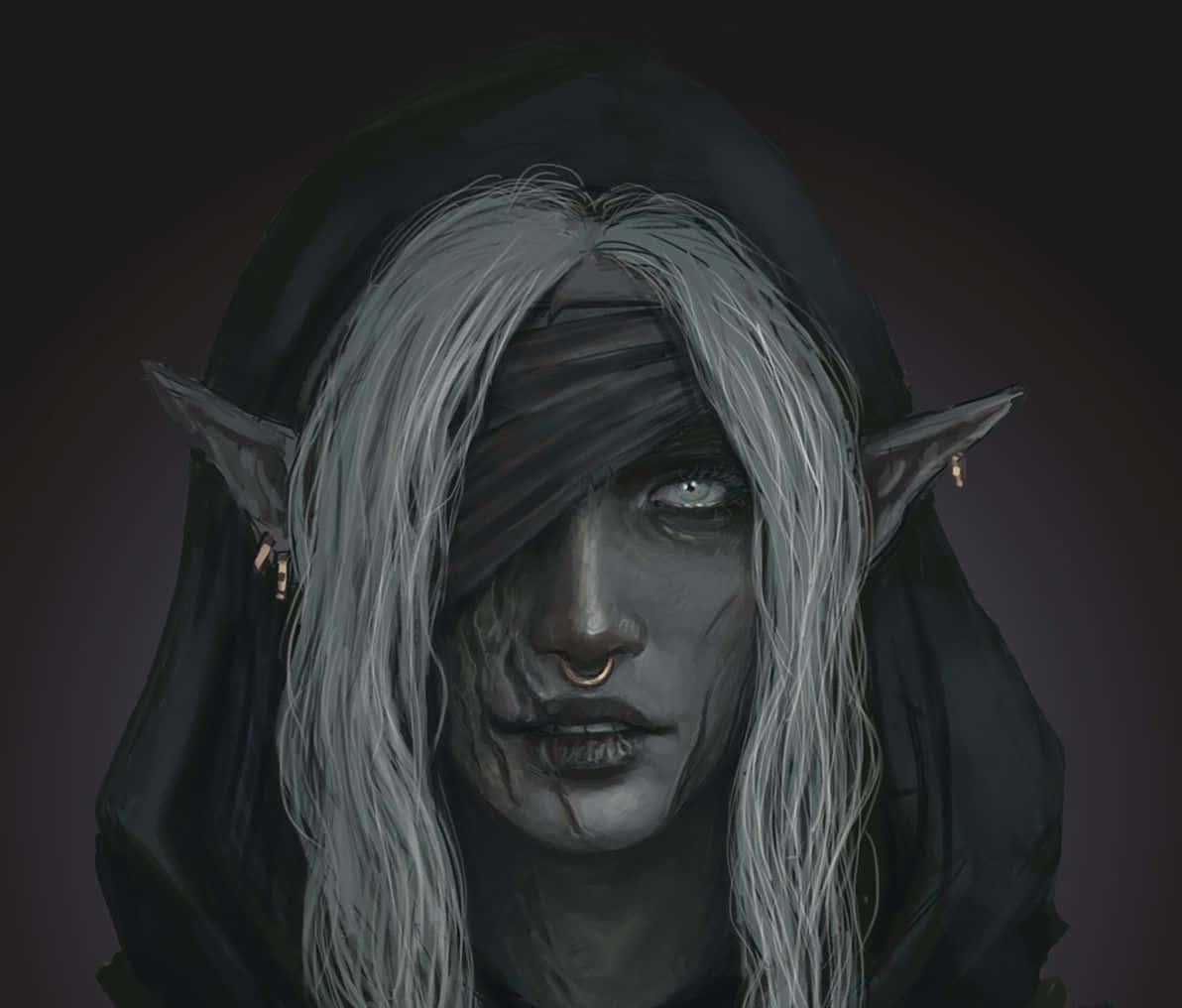 Drow Ranger 桌布 壁紙 — 一個戴著兜帽、擁有淺灰色頭髮和眼罩的精靈，在深色漸變背景前專注地凝視。