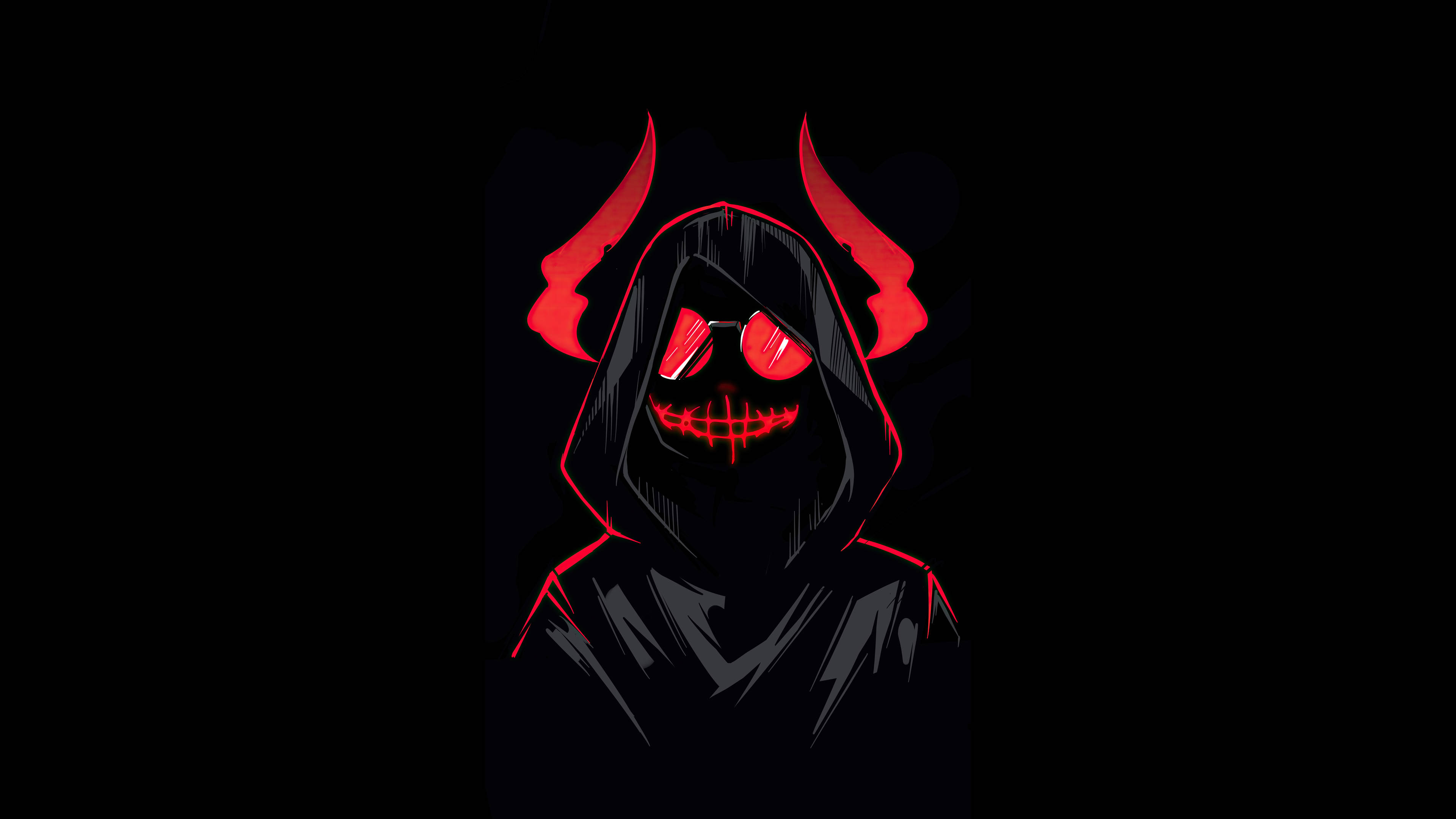 4K Devil With Glasses And Hoodie 壁紙 — 一個戴著兜帽、擁有發光紅眼和角的威脅性人物，背景為黑色。