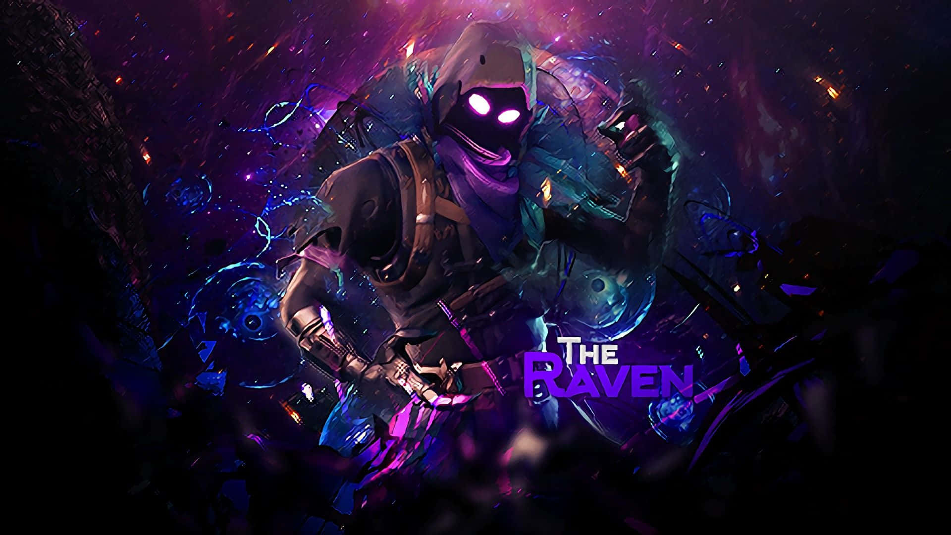 Raven Fortnite 桌布 壁紙 — 一個戴著兜帽、擁有發光紫色眼睛和賽博裝備的身影，站在紫色和藍色的宇宙星雲之中。