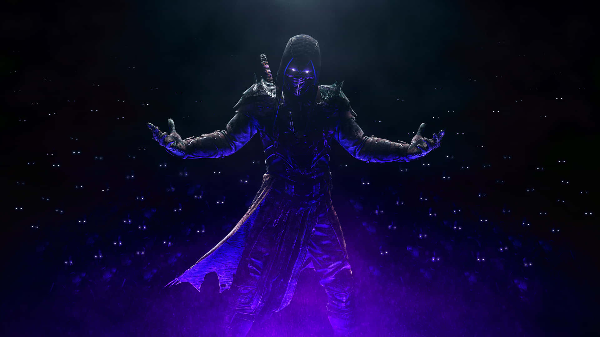 Mortal Kombat Noob Saibot 桌布 壁紙 — 一個戴著兜帽、擁有發光紫色眼睛的戰士，站在被漂浮星星和耀眼紫色能量包圍的宇宙虛空中。
