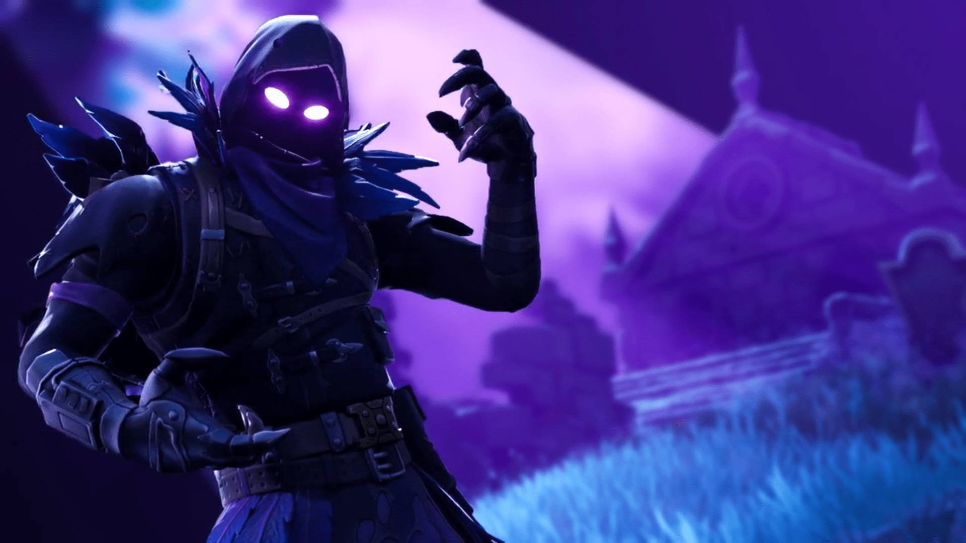 遊戲 桌布 壁紙 — 一個戴著兜帽、擁有發光紫色眼睛的Fortnite角色，站在一個神秘的紫色燈光墓地中。
